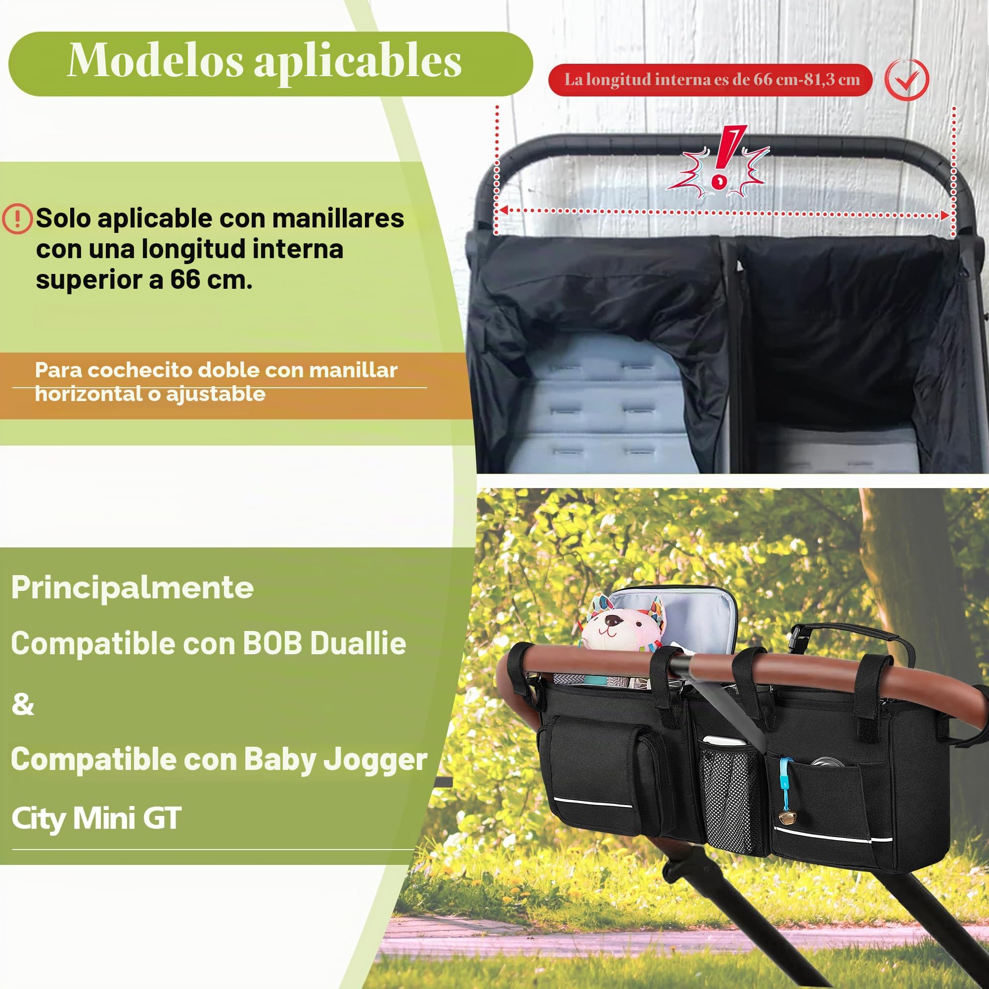 Bolso para Cochecito Doble con Nevera Portátil Desmontable y Portavasos | Compatible con Baby Jogger City Mini GT2 Double y BOB Duallie, organizador para cochecito (solo la bolsa).