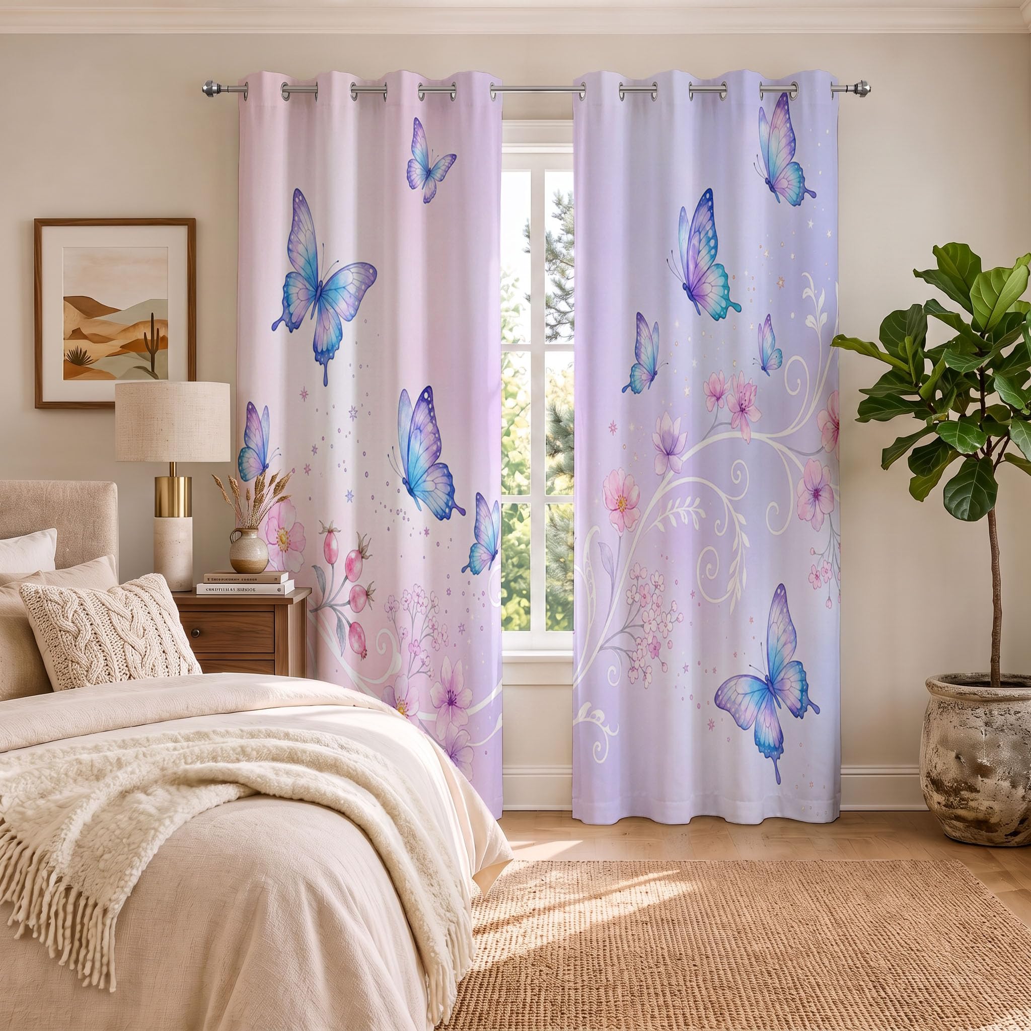 Verträumter Farbverlauf Vorhang Blickdicht Gardinen Mit Ösen, Schmetterlingsblumen Muster Verdunklungsvorhänge H175 x B140 cm (2er Pack), Rosaviolett Thermovorhang Kälteschutz Für Schlafzimmer Fenster