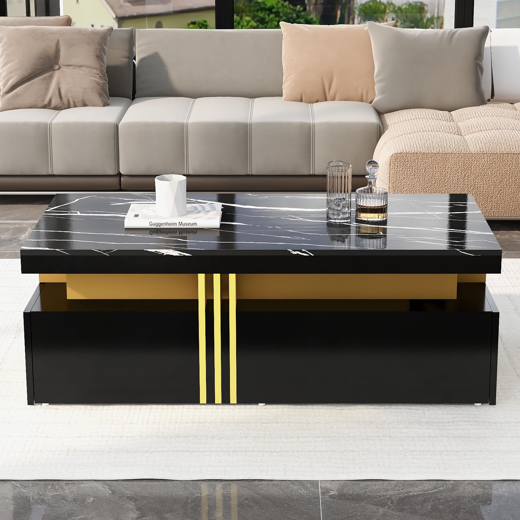Merax Coffee Table with Marble Pattern Top, Rectangular Side Table, 2 Wooden Drawers and 4 Open Storage Areas, Modern Coffee Tables for Living Room, Black, 100x50x40cm