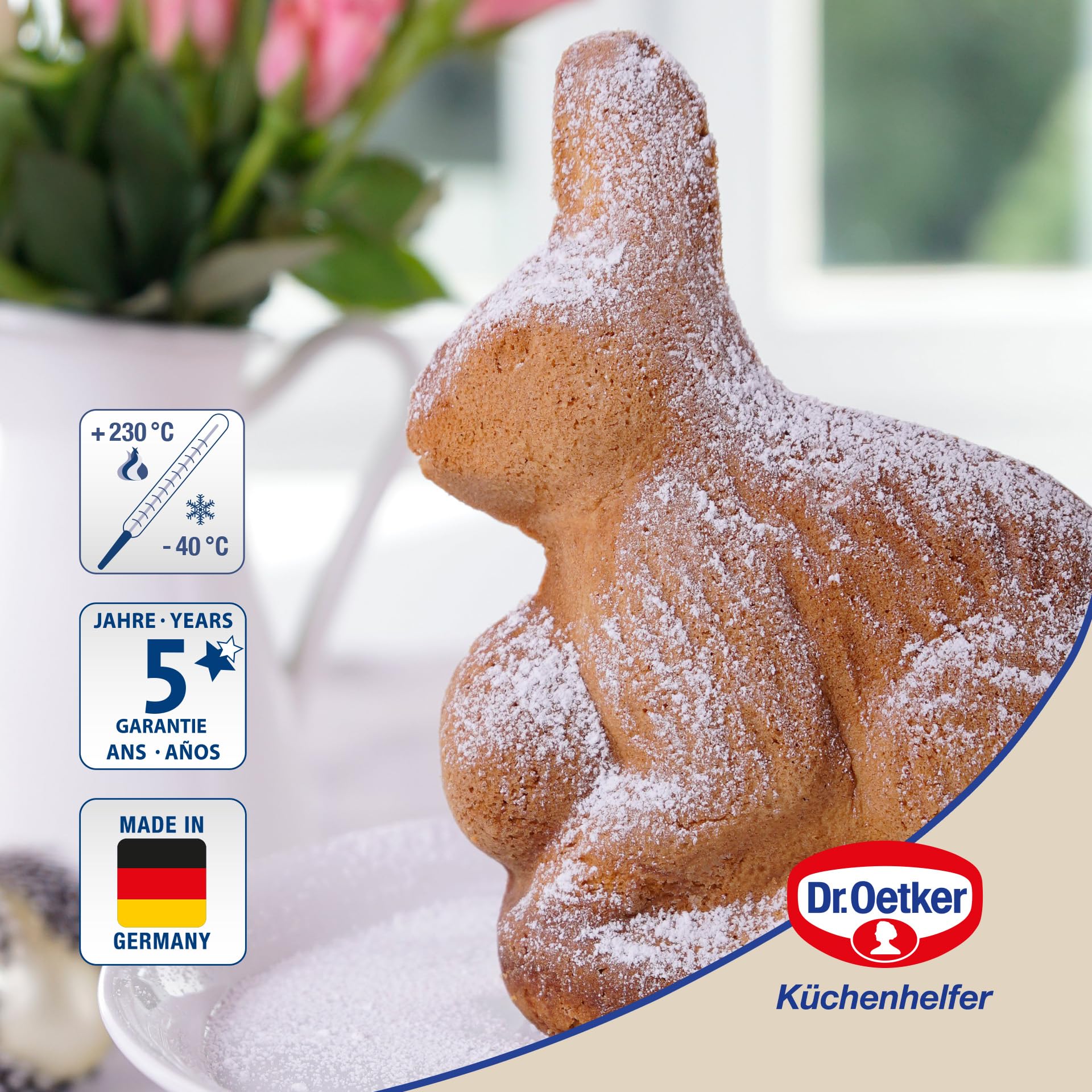 Dr. Oetker Vollbackform Hase – 3D Hasenbackform aus Stahlblech mit Antihaftbeschichtung, inkl. Verschlussklammern, Hitzebeständigkeit: +230 °C, Reinigung per Hand, Made in Germany Hase 600ml - 1