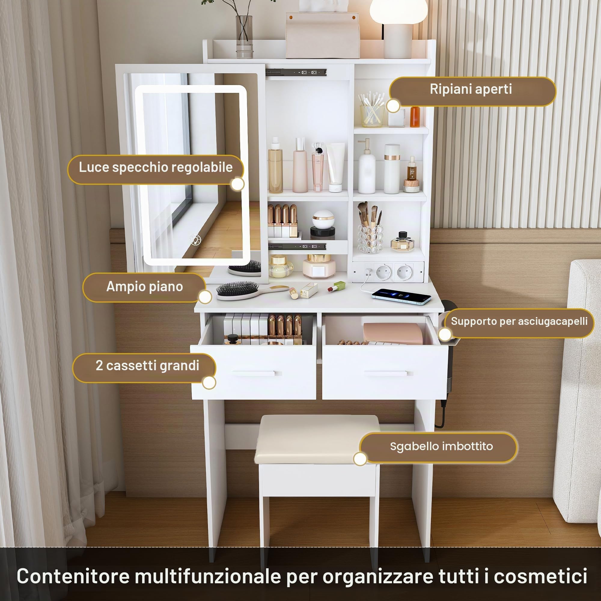 Piccolo tavolo da toeletta bianco con specchio, illuminazione a LED regolabile e presa elettrica, incluso sgabello imbottito, spazio nascosto e ripiano salvaspazio, per piccole camere da letto
