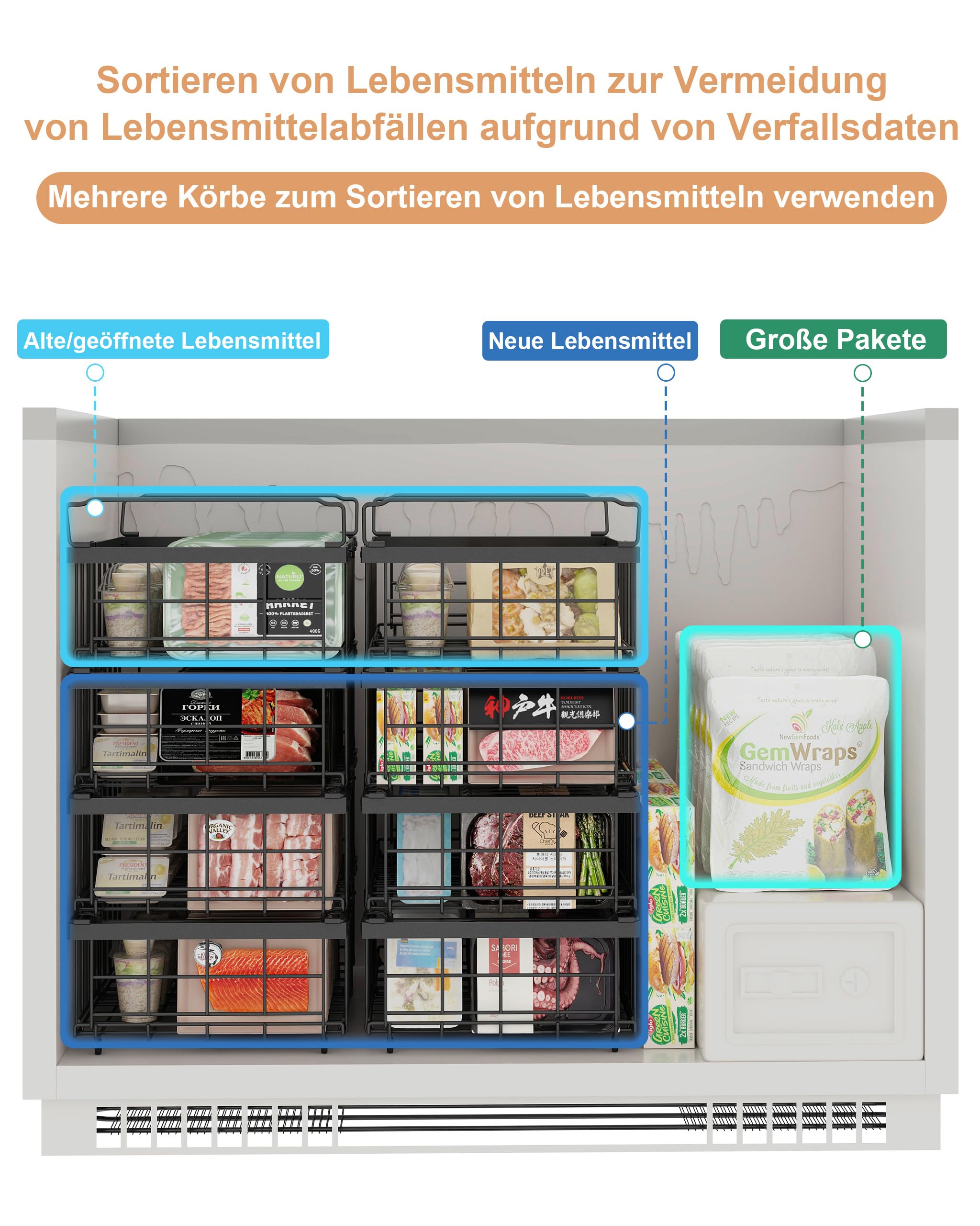 Gefriertruhe Körbe Schwarz Stapelbar 4er Set für 283-566L Tiefkühltruhe Ausziehbare Länge 29-45x30x15cm