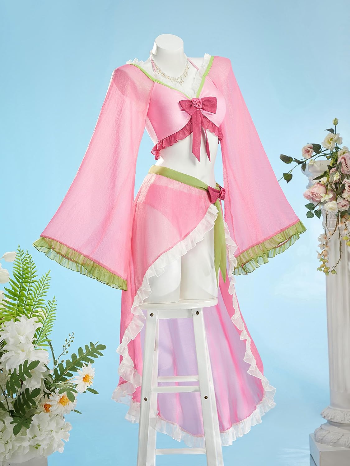 haikyuu Women Retro Two Piece Swimsuit with Wrap Skirt Ruffle Swimsuit Cosplay Pink Cute Swimwear