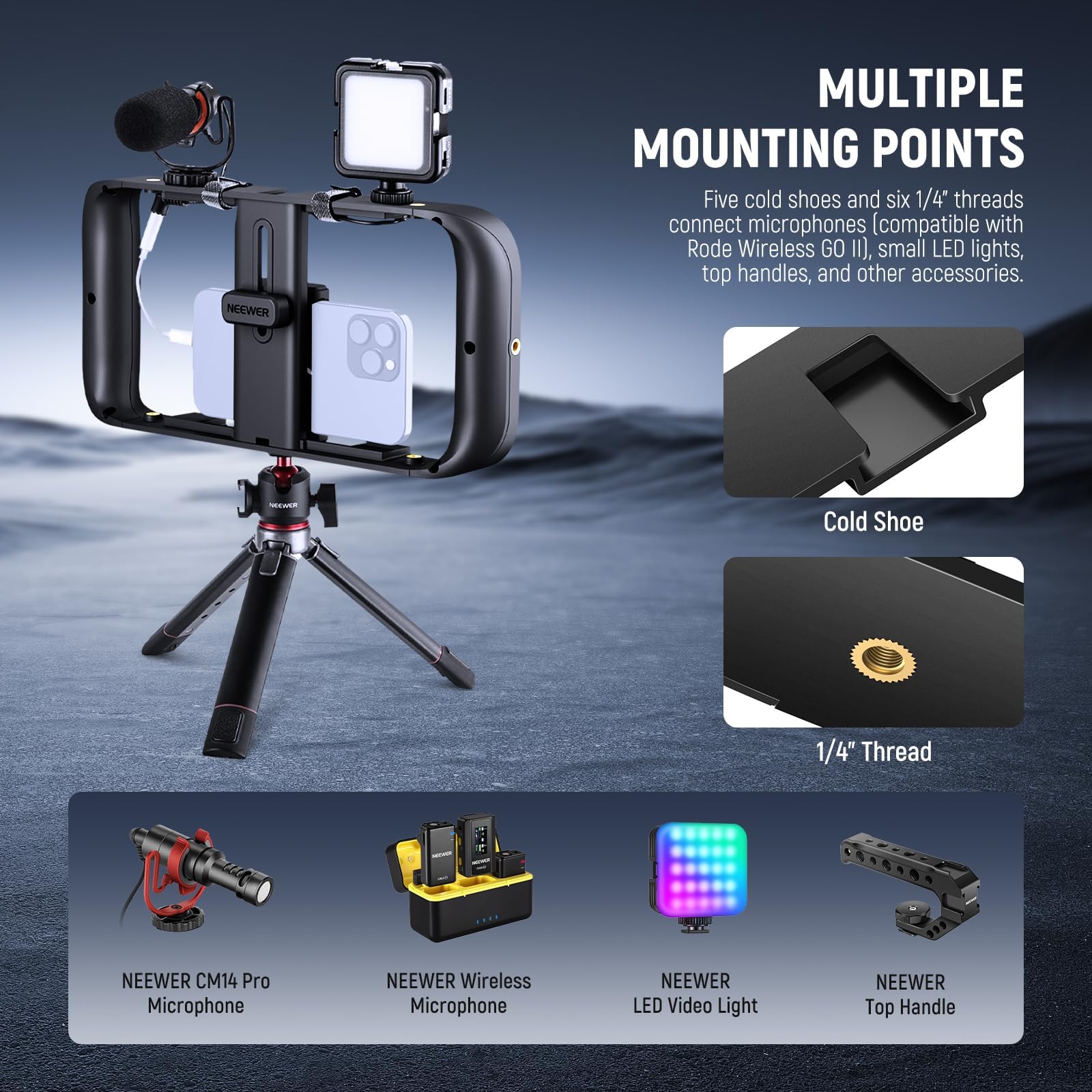 NEEWER Klatka na telefon komórkowy Video Rig kompatybilna z iPhone Samsung Galaxy Android, uchwyt na telefon komórkowy stabilizator Cage z Cold Shoe i gwintem 1/4 cala do nagrywania wideo i filmów