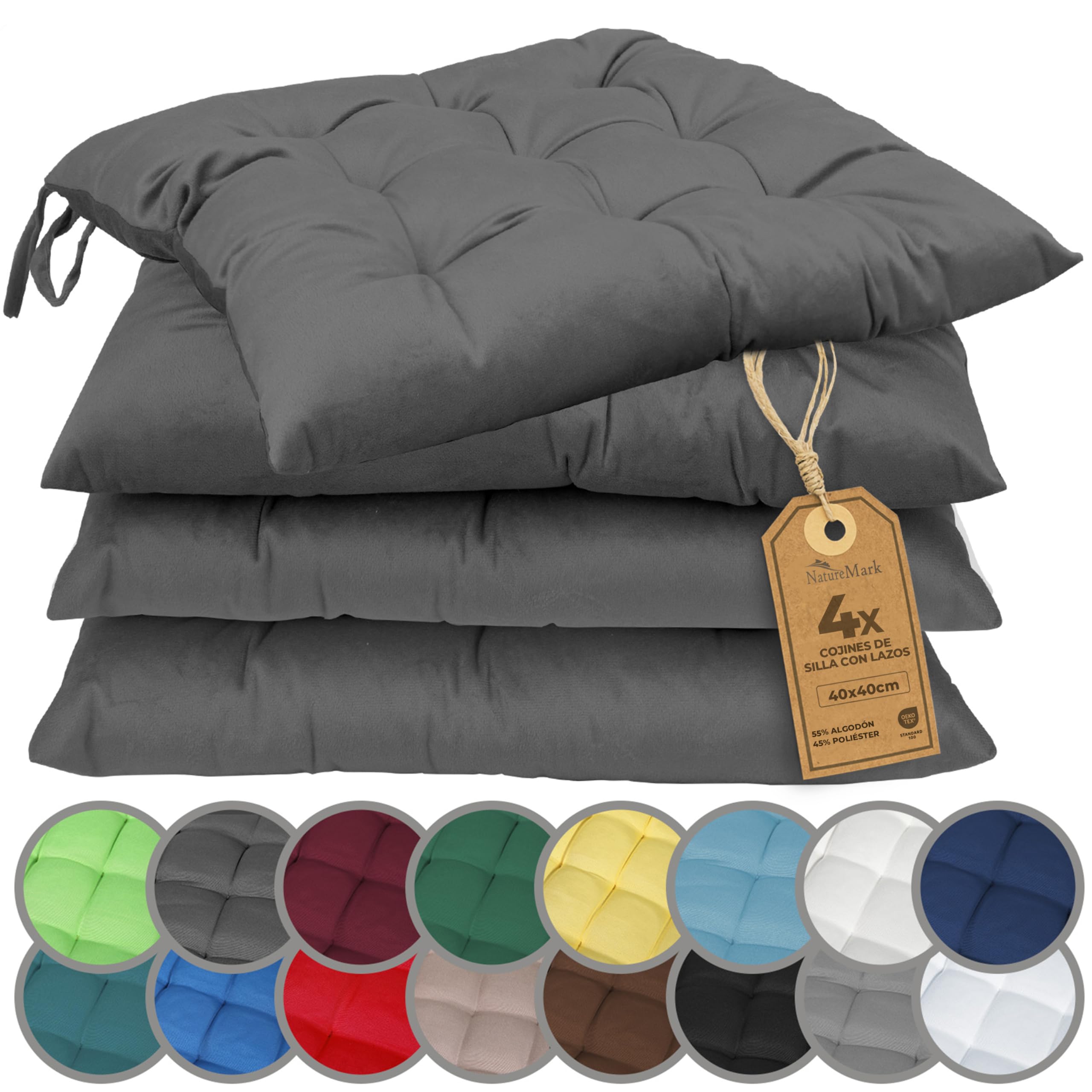 NatureMark Set de 4 Cojines para Sillas con Lazos 40x40 cm – Cojín de Asiento Relleno para Cocina, Jardín y Terraza – Color Antracita OEKO-TEX STANDARD 100