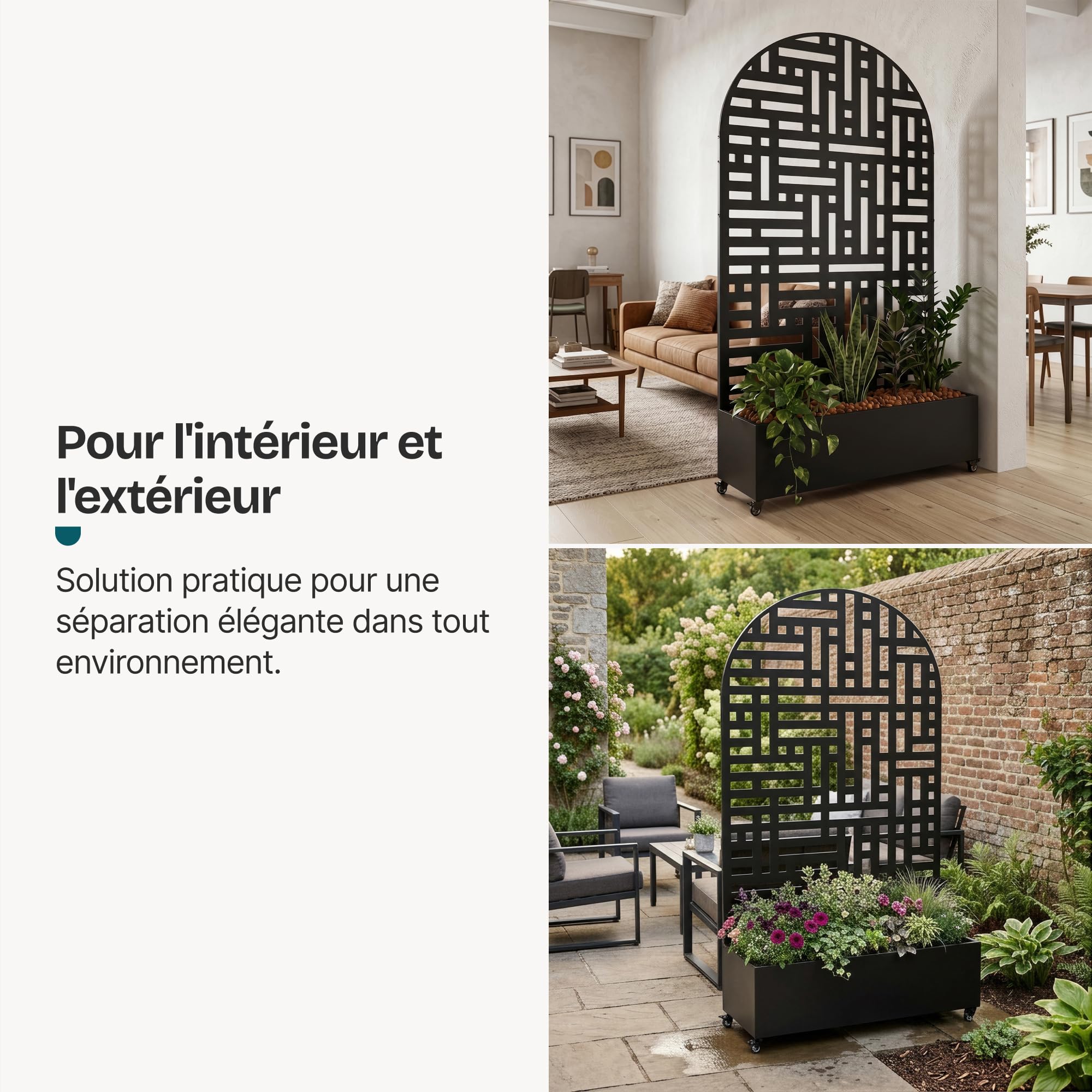 casa.pro Cloison avec Jardinière Bernalda en Forme d'arc 190x120x38 cm Noir | bac à fleurs résistant, protection contre les regards, séparateur avec roulettes, freins de blocage