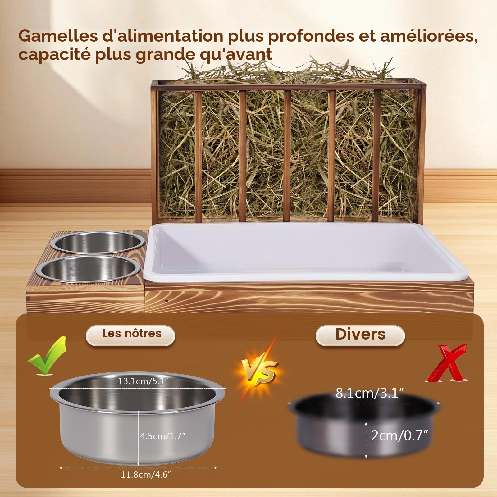 Râtelier à foin 3 en 1 en bois pour lapin, distributeur de nourriture pour petits animaux de compagnie (couleur grillée)