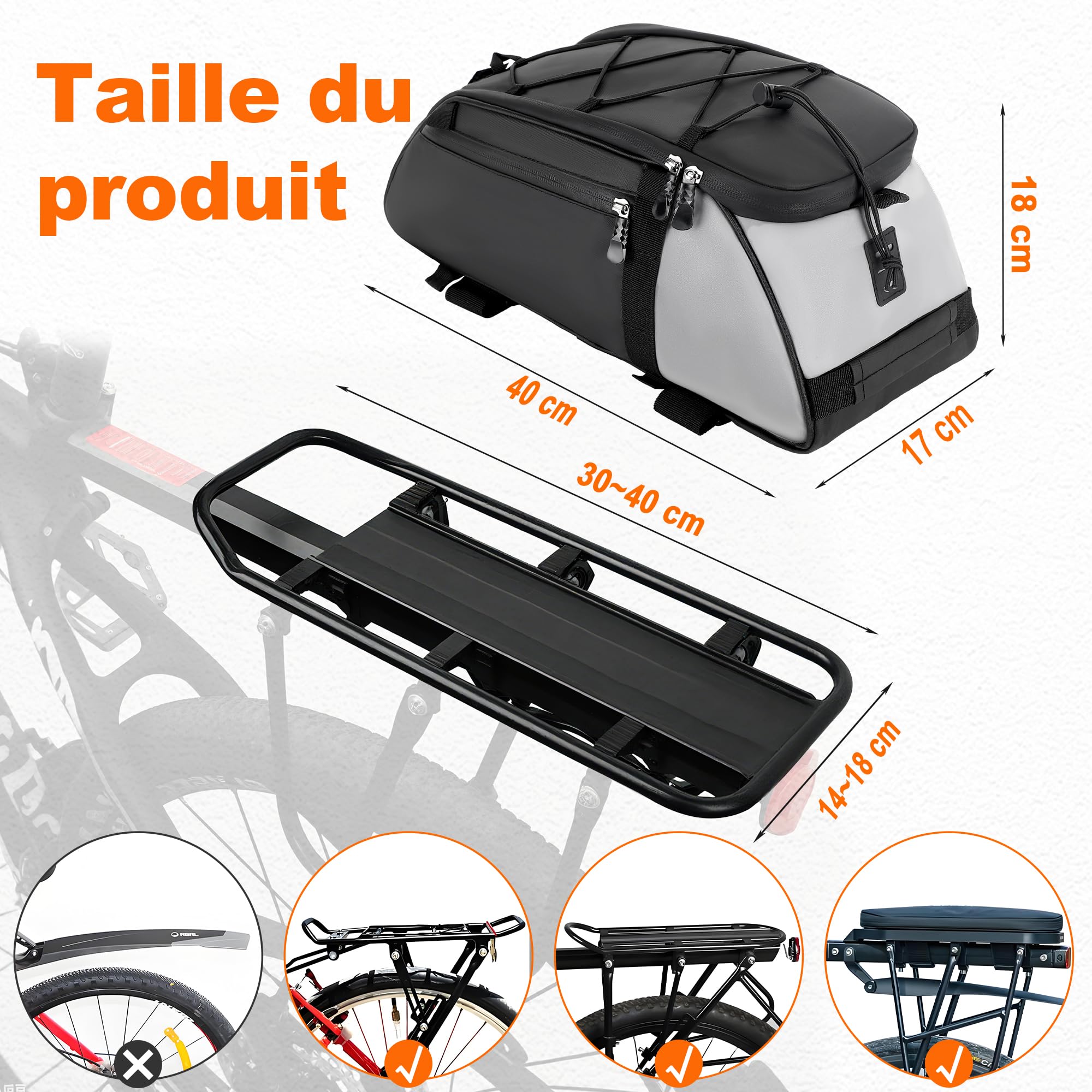 Wildken Sacoche Velo Porte Bagage Arriere, 12 L Noir Sacoche Porte Bagage Velo Étanche Réfléchissante avec Poignées et Bandoulières, Sac Porte Bagage Vélo Adapté VTT, Vélo de Route, Gravel, E Bike