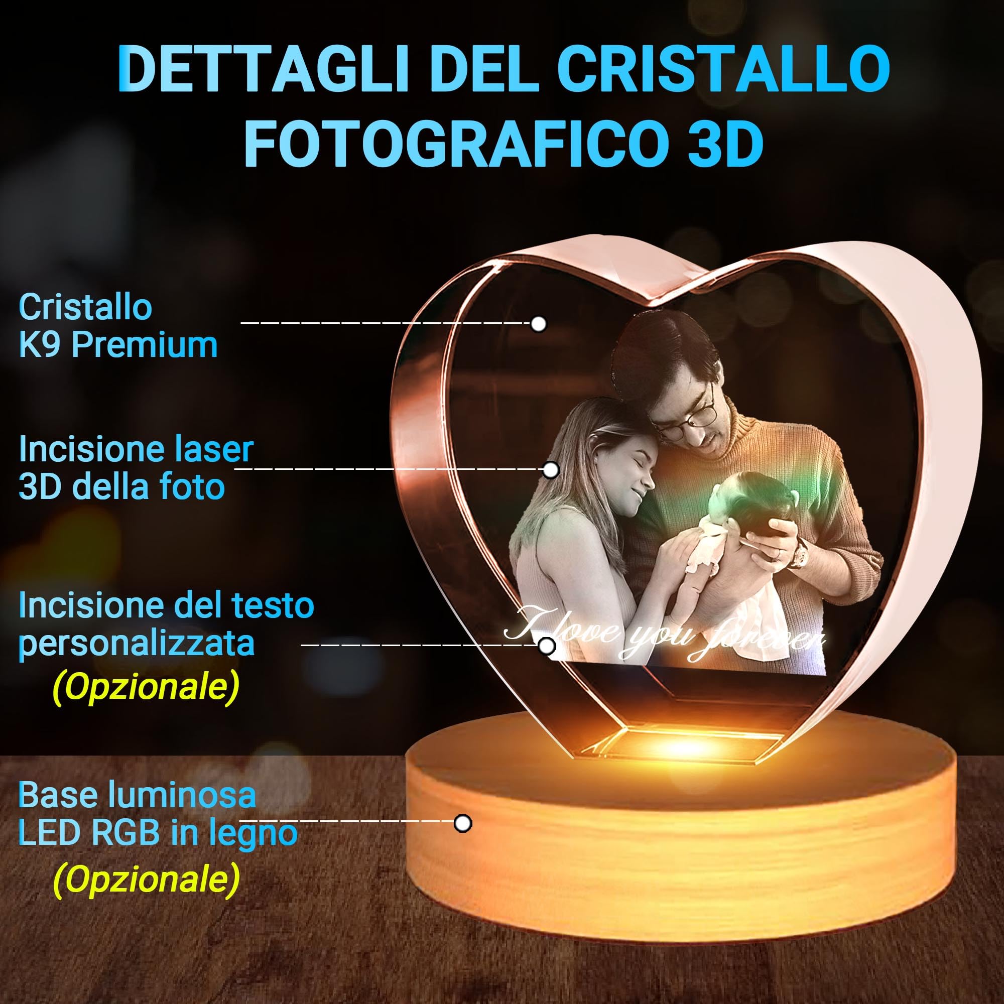 Cornice Foto 3D Personalizzata, Foto in Cristallo con Incisione Laser, Regalo Personalizzato per Anniversario per Donna Uomo Fidanzato Fidanzata, Regali di Compleanno per Lui e Lei