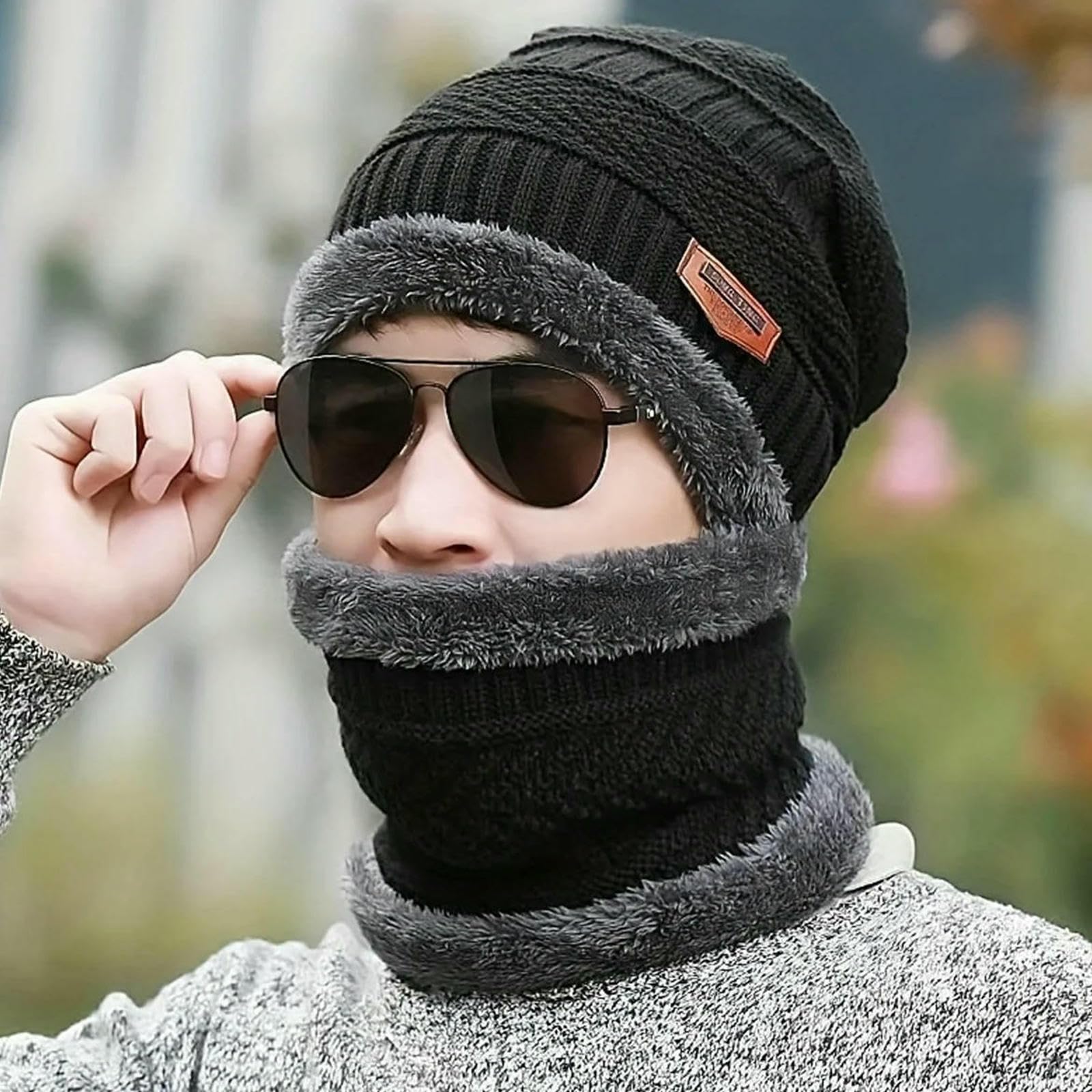 Mütze,Schal & Handschuh-Sets 3 Stücke Männer Frauen Winddichte Wintermütze Outdoor Winter Schal Handschuhe Kaschmir Isolierte Strickmütze Beanie Hüte Für Schal-Marine