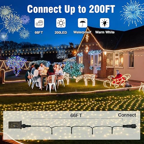 Miniatura 2 de Nisocy Guirnalda de 200 luces LED impermeables, exteriores, blanco cálido, con enchufe, árbol de Navidad, conectables, patio, jardín, dormitorio,