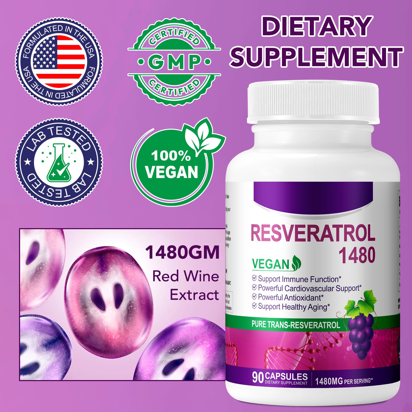 1480mg Resveratrol Kapseln, 1000mg Trans-Resveratrol mit Quercetin 300mg für Herz, Haut und Anti-Aging-Antioxidans I 90 Kapseln