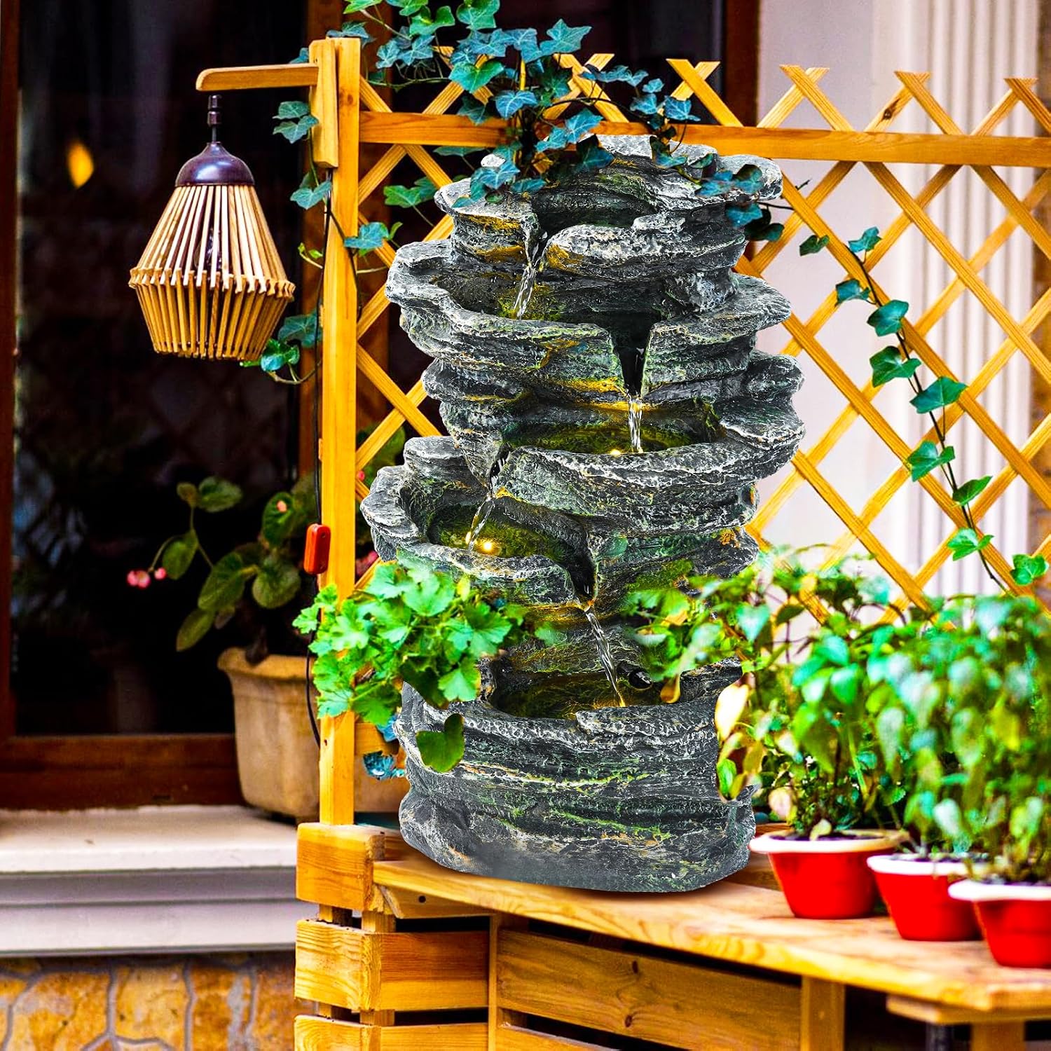 5-Tier Cascading Rock Water Fountain Outdoor Garden Waterfall with Lights, Outside Patio Water Features Fountain, for Patio, Backyard, Porch and Home Art Decor (Grey)
