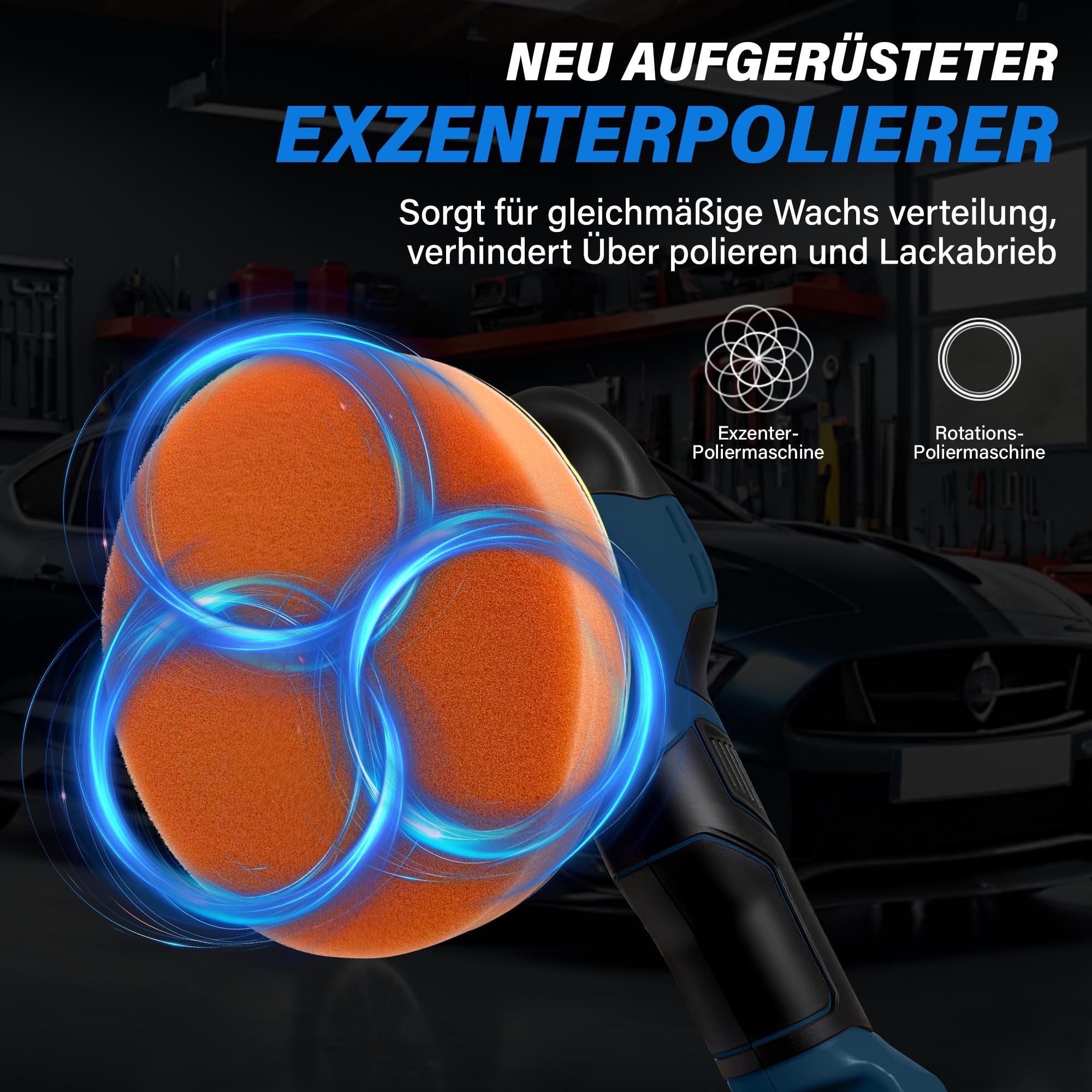 Poliermaschine Akku 150mm für Bosch Professional 18V, 6 Zoll Exzenter Polierer mit 3 Gängen (550-6000 U/min), 21-tlg. Auto Polierset für großflächige Autopflege & Lackkorrektur (Ohne Akku)