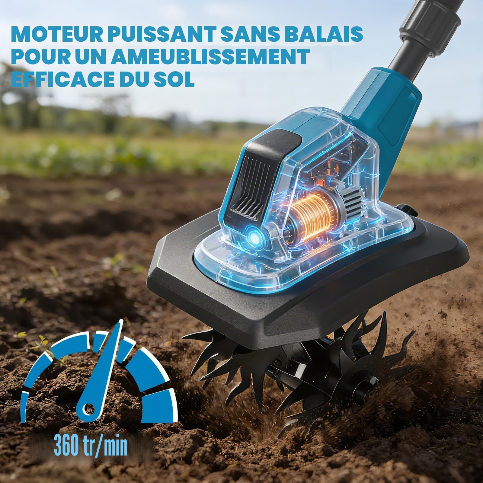 Motobineuse Électrique avec 2 Batteries 4000mAh, Rotavator Jardin sans Fil 360RPM, Motoculteur Portable pour Jardin et Potager, Profondeur 17cm, Largeur 23cm