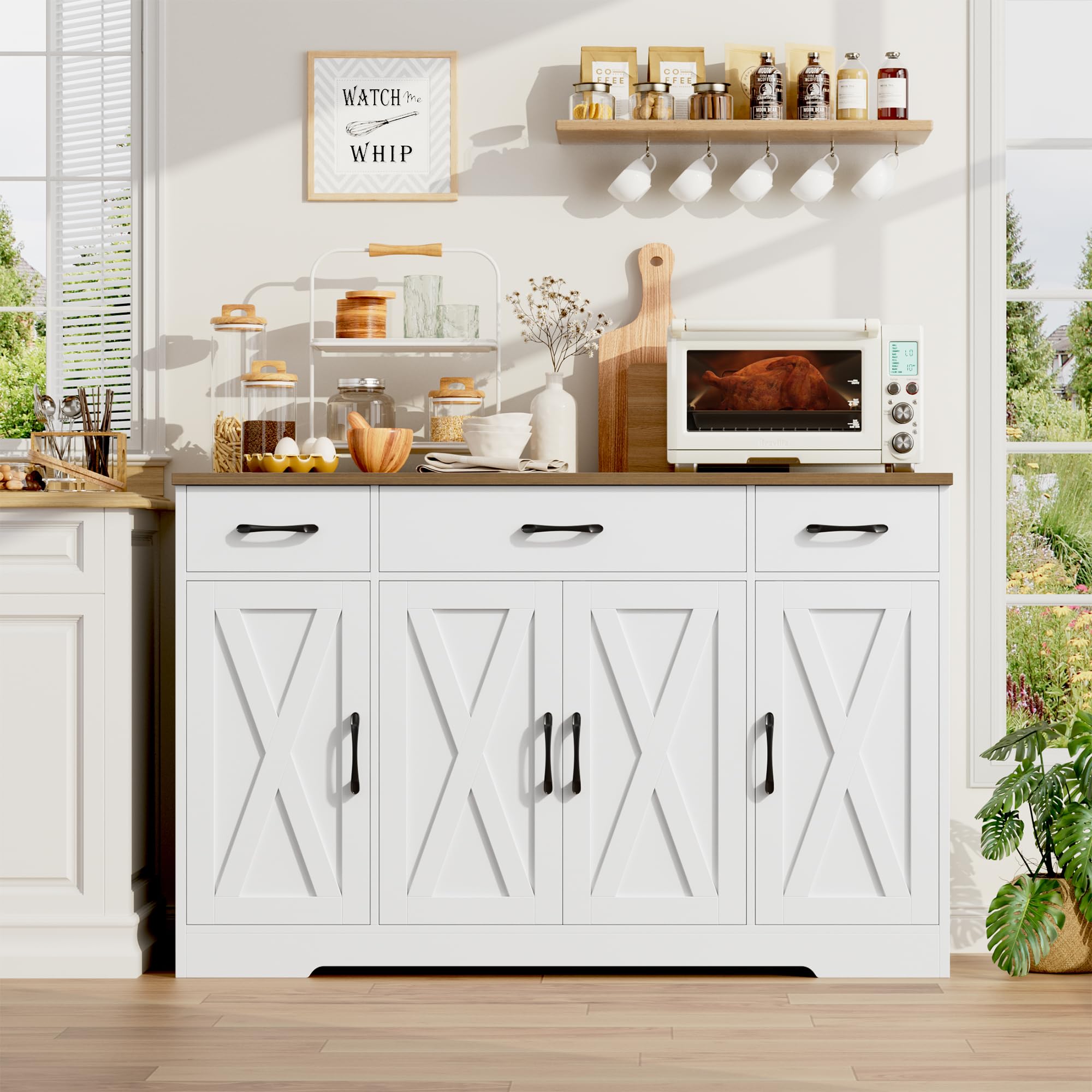 HOCSOK Sideboard, 140 cm Breit Küchenschrank mit 2 Verstellbaren Regalen, Buffetschrank mit 3 Schubladen 4 Türen, Küchenbuffet für Wohnzimmer, Küche, Flur, Weiß & Braun