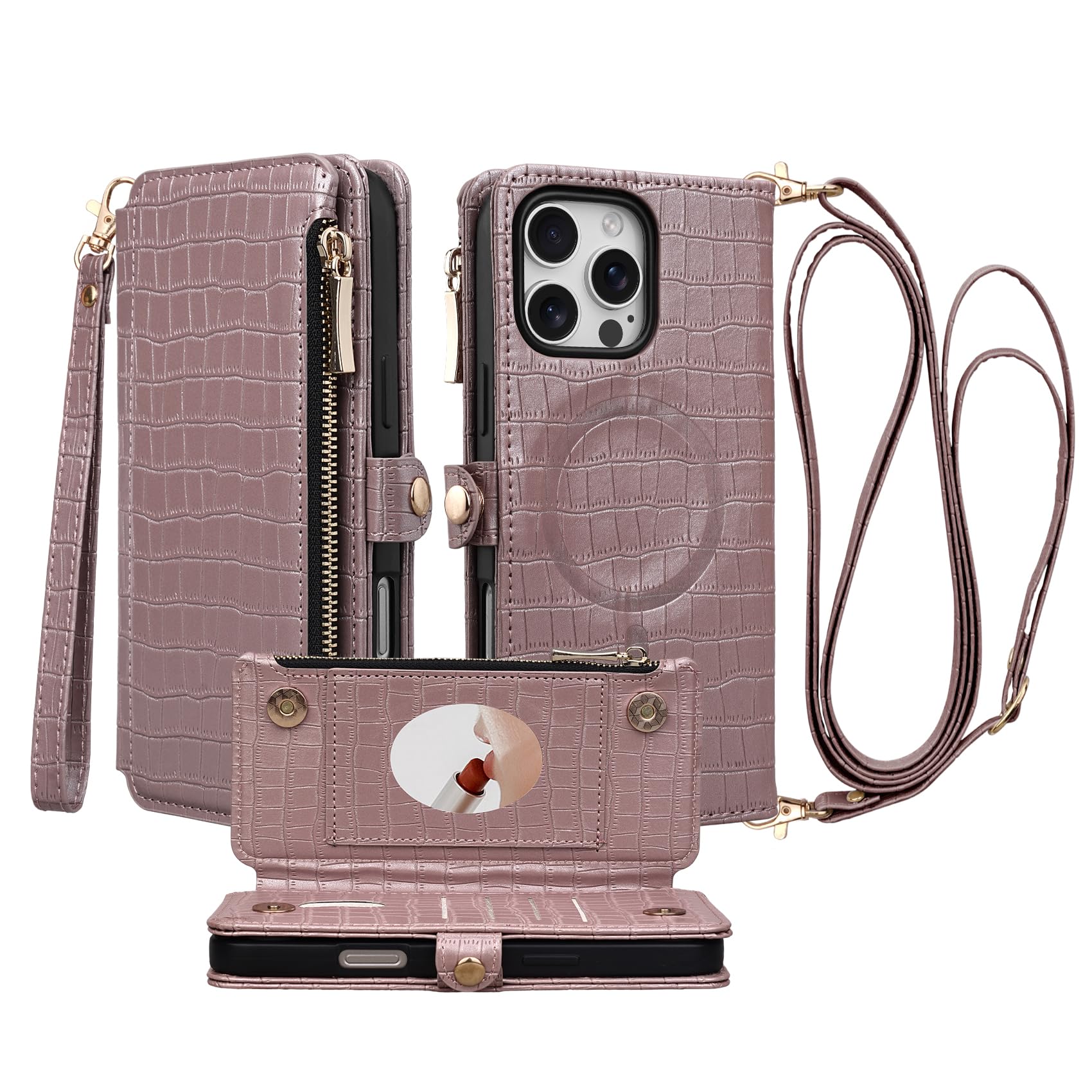 Stylivolve Crossbody Wallet Case for iPhone 16 Pro Max with Mirror, Wrist Strap, Zipper Purse Magnetic Flip RFID Blocking Card Holder, Wireless