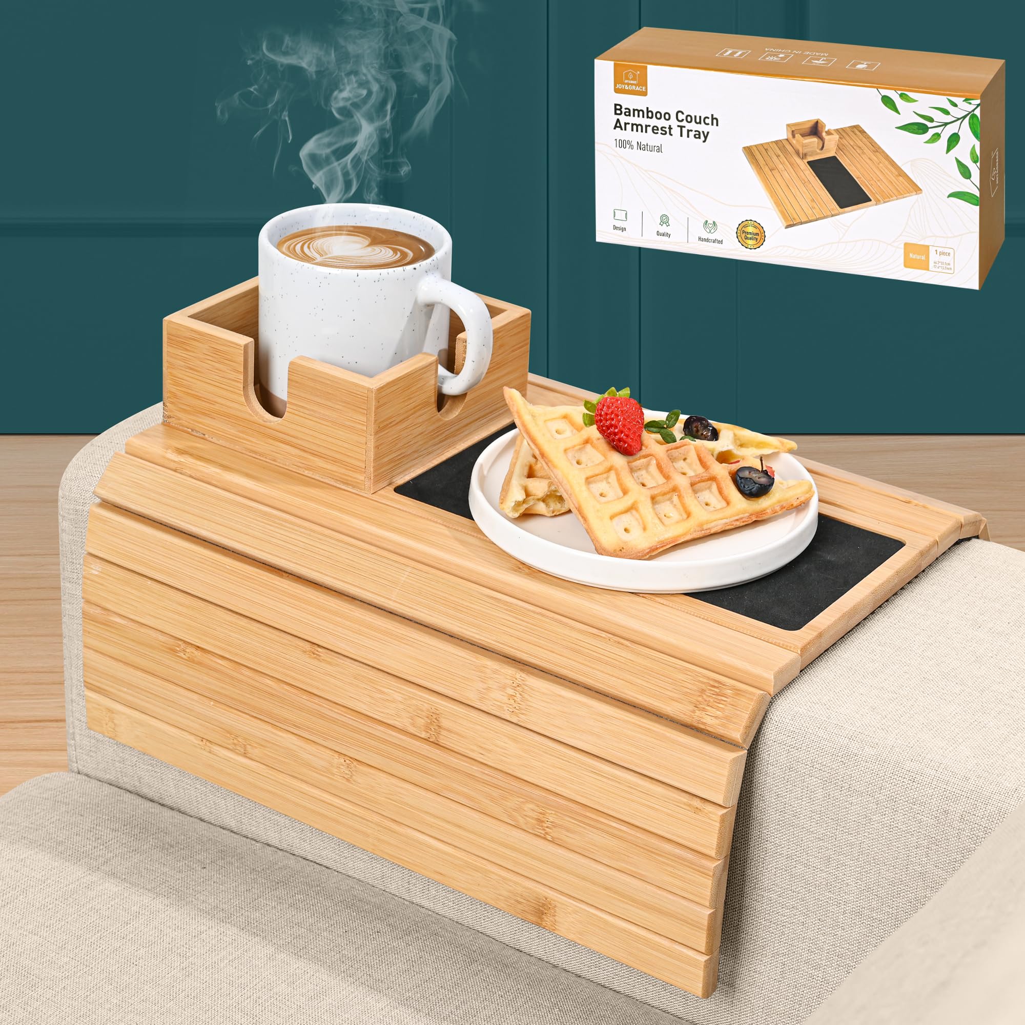 Joy&Grace Sofa Armrest Tray with Large Mug Holder, Bamboo Couch Arm Tray, Anti-Slip Couch Cup Holder Foldable Sofa Arm Table for Eating Drinks Cellphone (Color Natural)