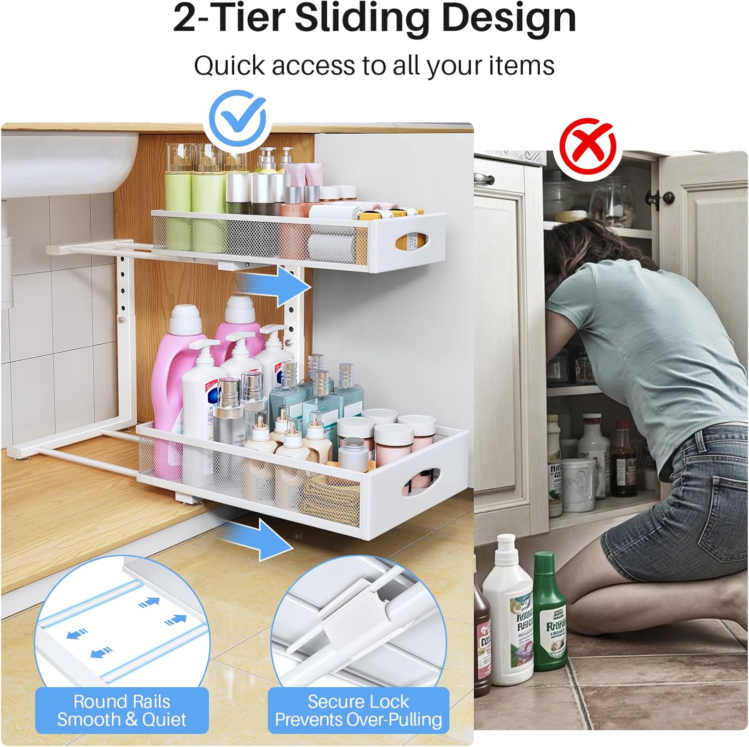 Under Sink Organizer, 2 Pack 2 Tier Pull Out Under Cabinet Organizer Shelf with Pad for Framed Cabinets, Metal Slide Out Under Sink Storage, Mesh Sliding Drawers for Kitchen Bathroom Laundry, White - Image 5