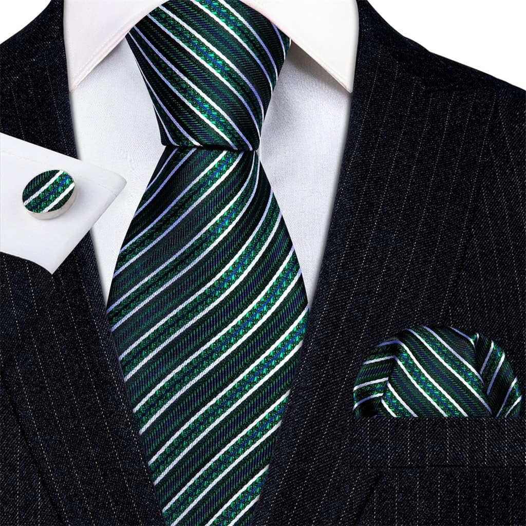 Men's Silk Tie Set Green White Striped Tie Tie Square Scarf Cufflinks Set Wedding