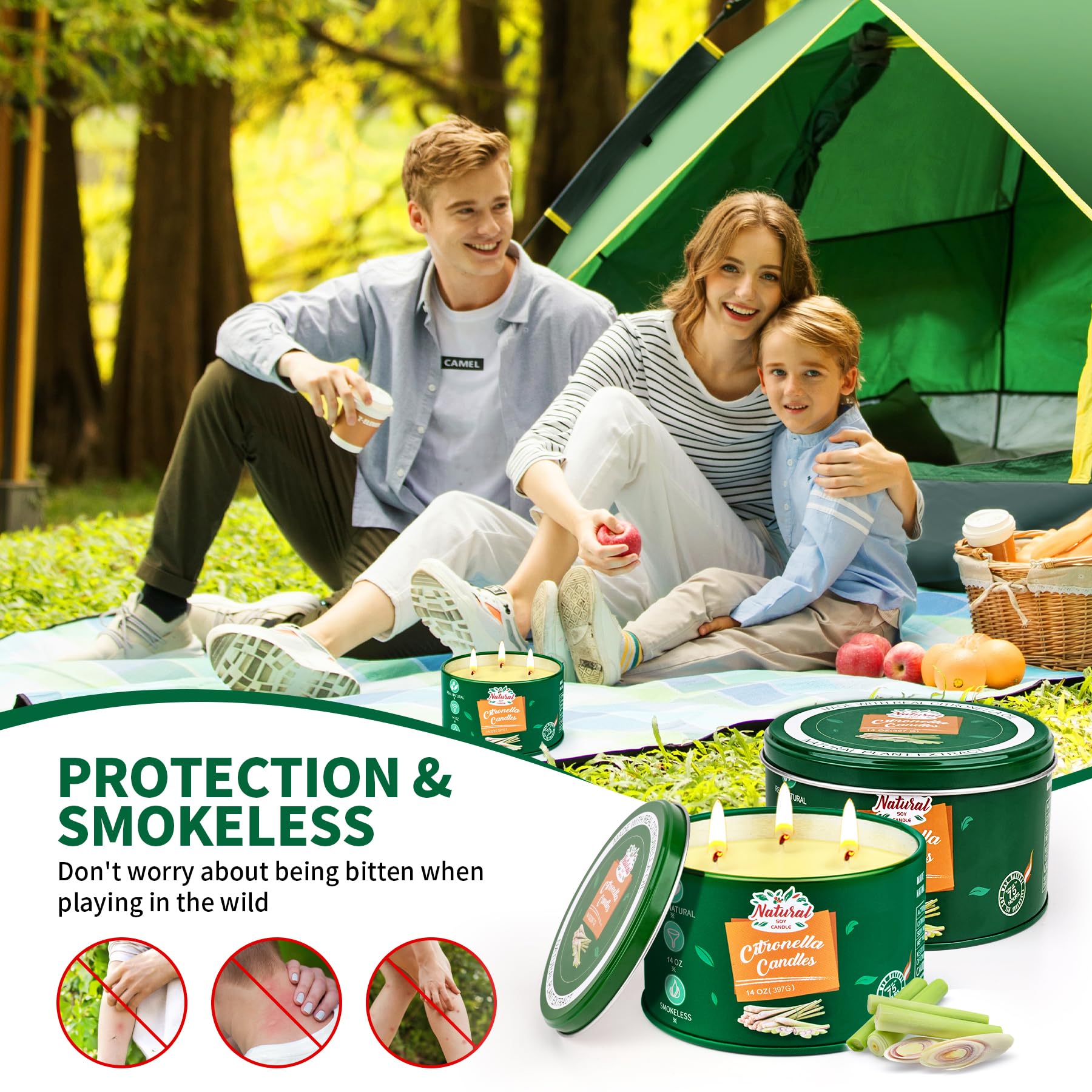 Citronella Candles Outdoor, 2 Packs Large Outdoor Candles for Patio Garden (14OZ Each), 3-Wick Nature Soy Wax Lemomgrass Outside Candle, Long Lasting Decorative Summer Candle for Camping, Backyard