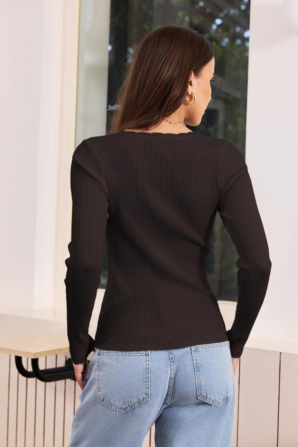 Women's V Neck Scalloped Sweaters Long Sleeve Ligheweight Shirts 2026 Fall Fashion Knitted Tops - Image 7