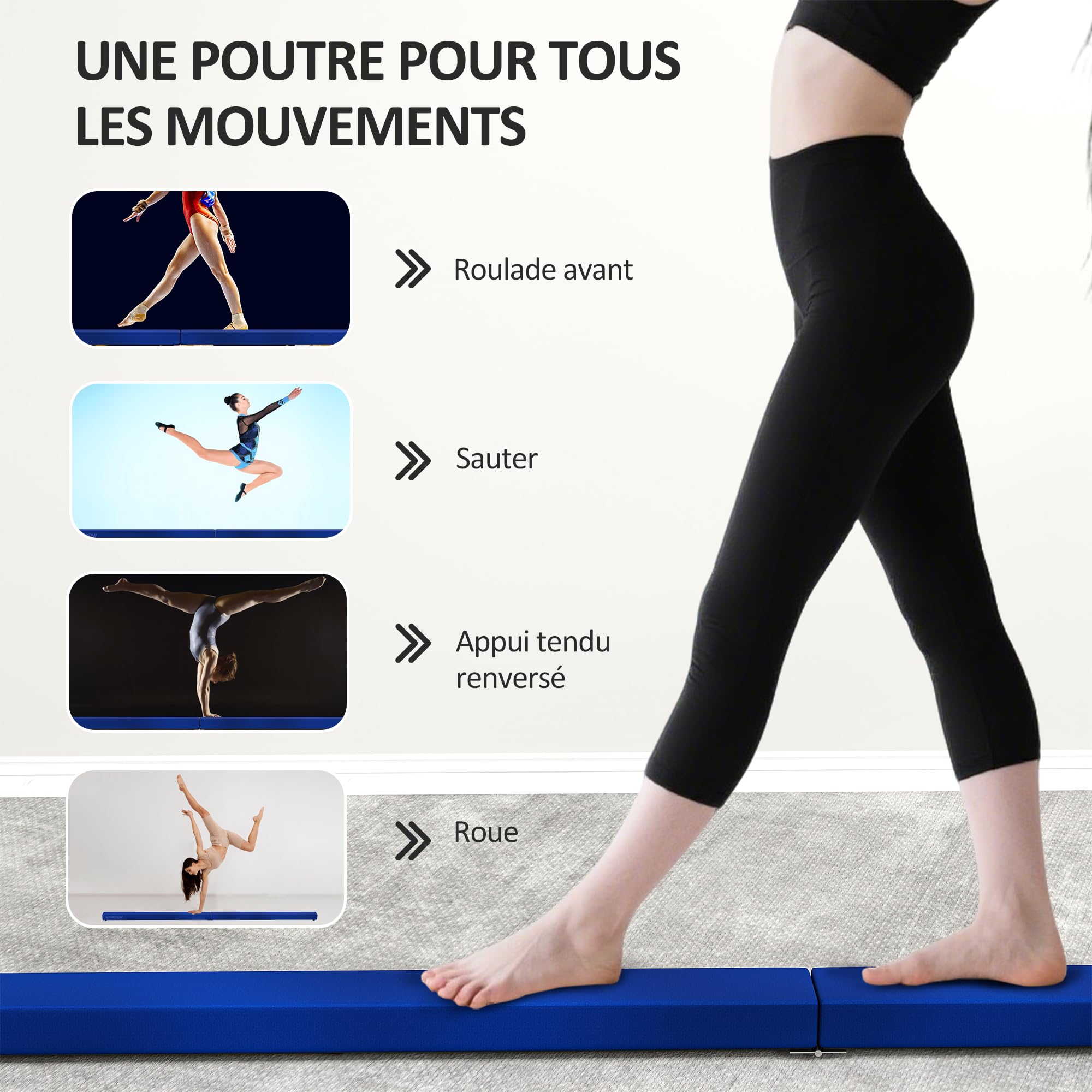 SPORTNOW Trave da Ginnastica Pieghevole, 240 cm, in Velluto, con Fondo Antiscivolo, Attrezzatura per l'allenamento da Ginnastica per Bambini e Adulti, Blu