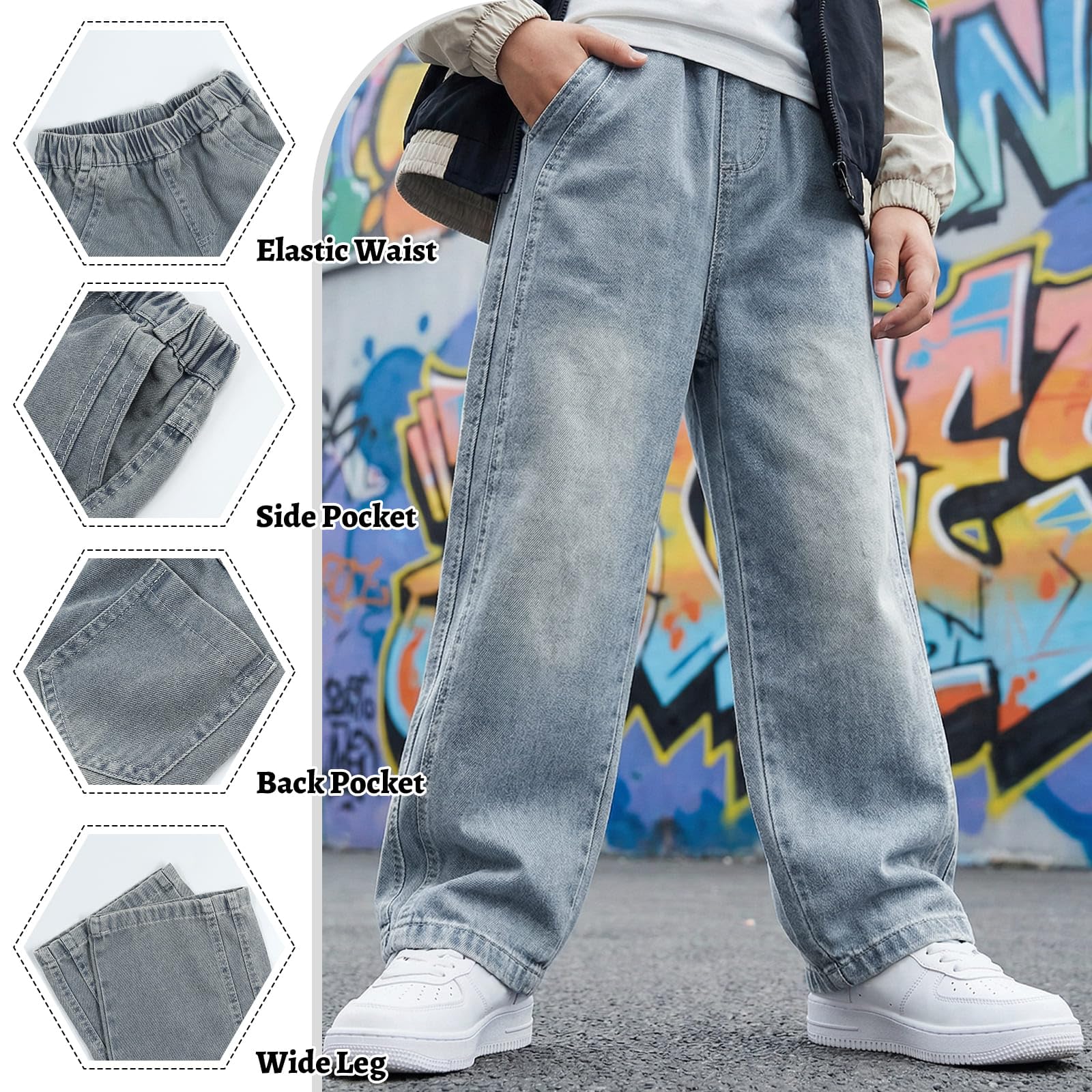 Jean Baggy Garçon Enfants Pantalon en Denim avec Taille Élastique Multiples Poches Loose Fit Décontracté Large Long Jeans Casual Mode Streetwear Ado Pant pour 7-15 Ans