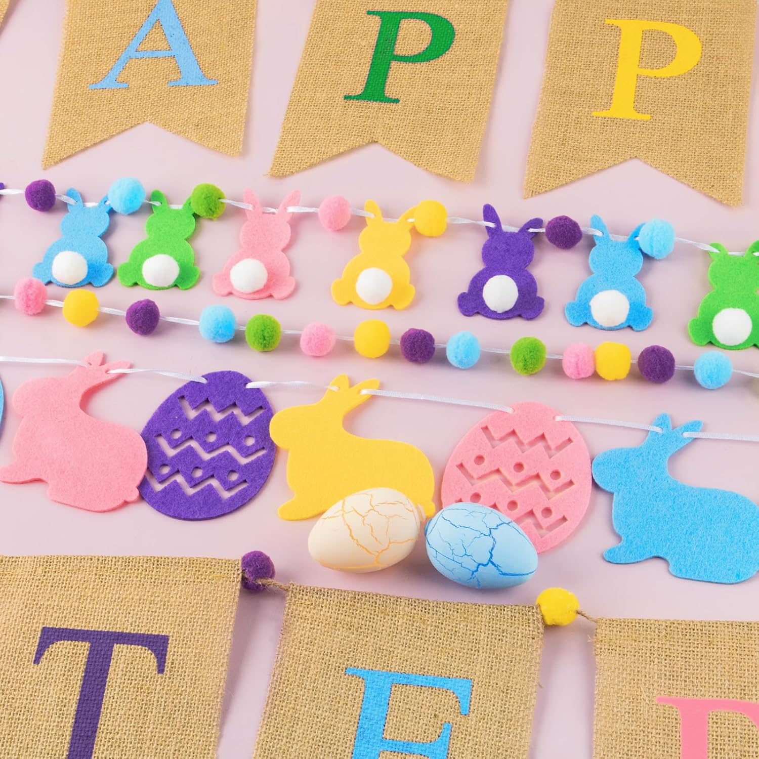 Ouddy Life 5Pcs Happy Easter Burlap Banner, Easters Felt Ball Bunny Garland with Pom Poms for Happy Easter Decorations Home Spring Farmhouse Mantle Office Party Kids Egg Hunts Indoor Outdoor Decor