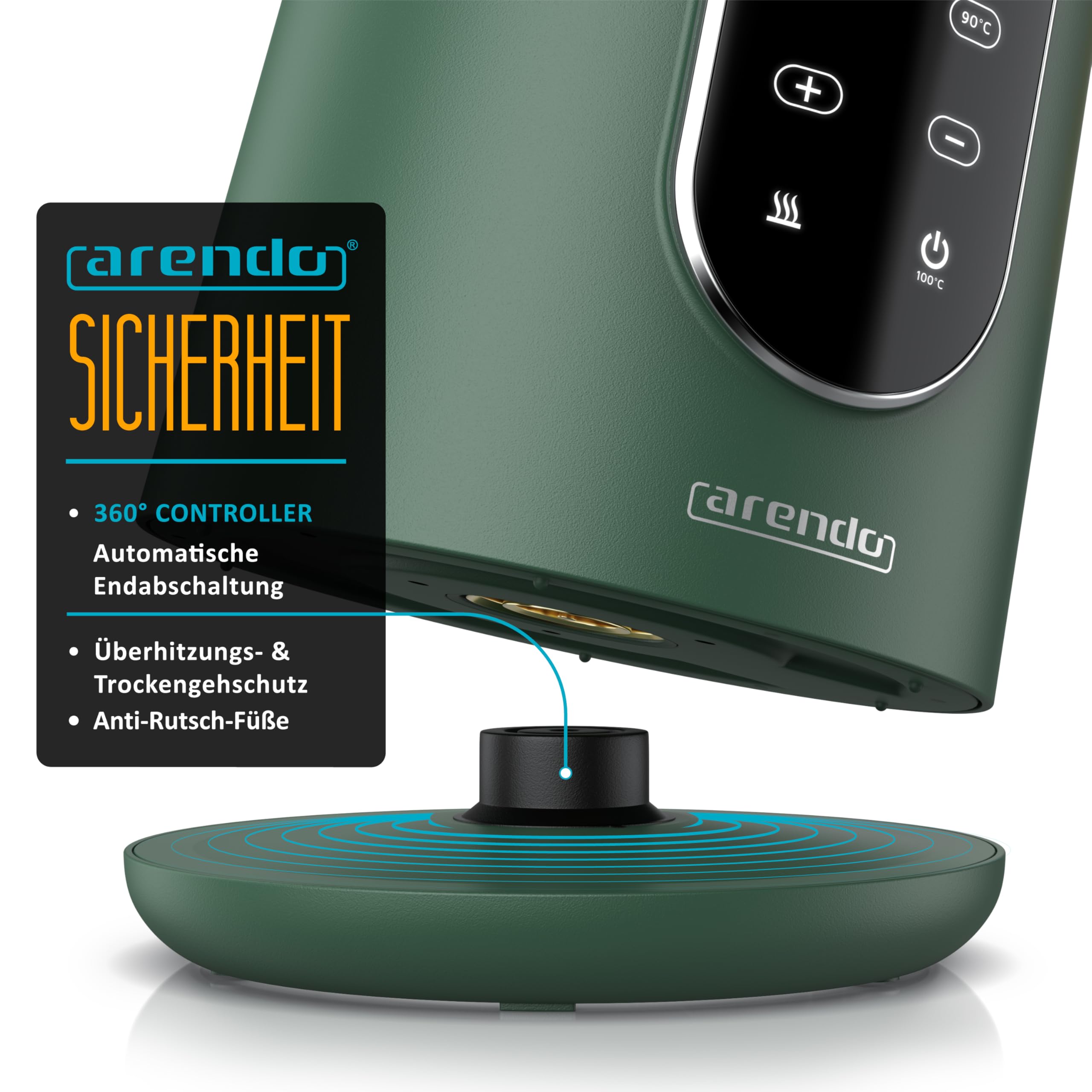Arendo - Edelstahl Wasserkocher mit Temperatureinstellung 40-100°C - Doppelwand Design Cool Touch - Display im Gehäuse - Kabellos - 2200 W - 1,7L – Überhitzungsschutz – Warmhaltefunktion - BPA-frei