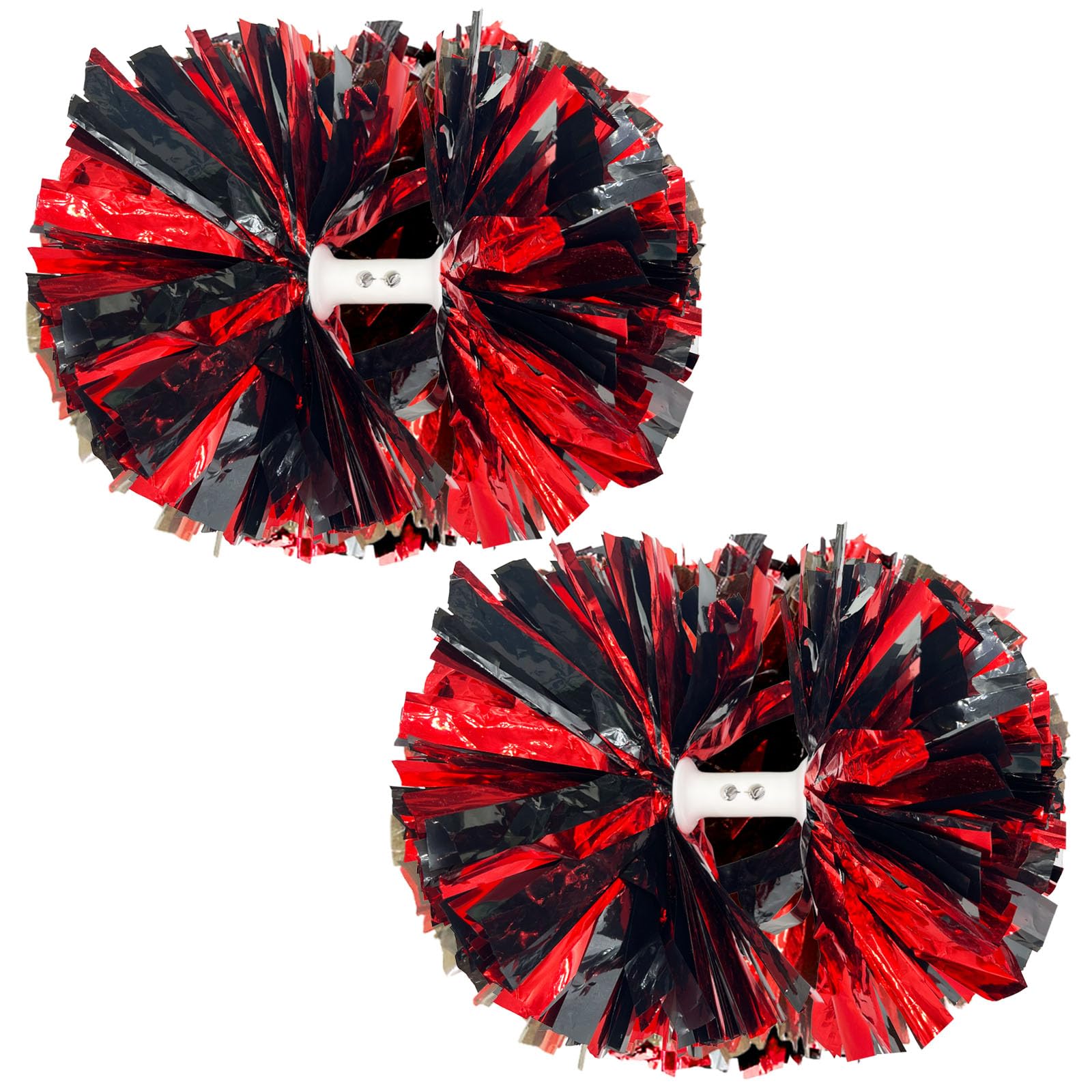 Pompon cheerleader neri e rossi 30,5 cm metallizzati con manico a bacchetta