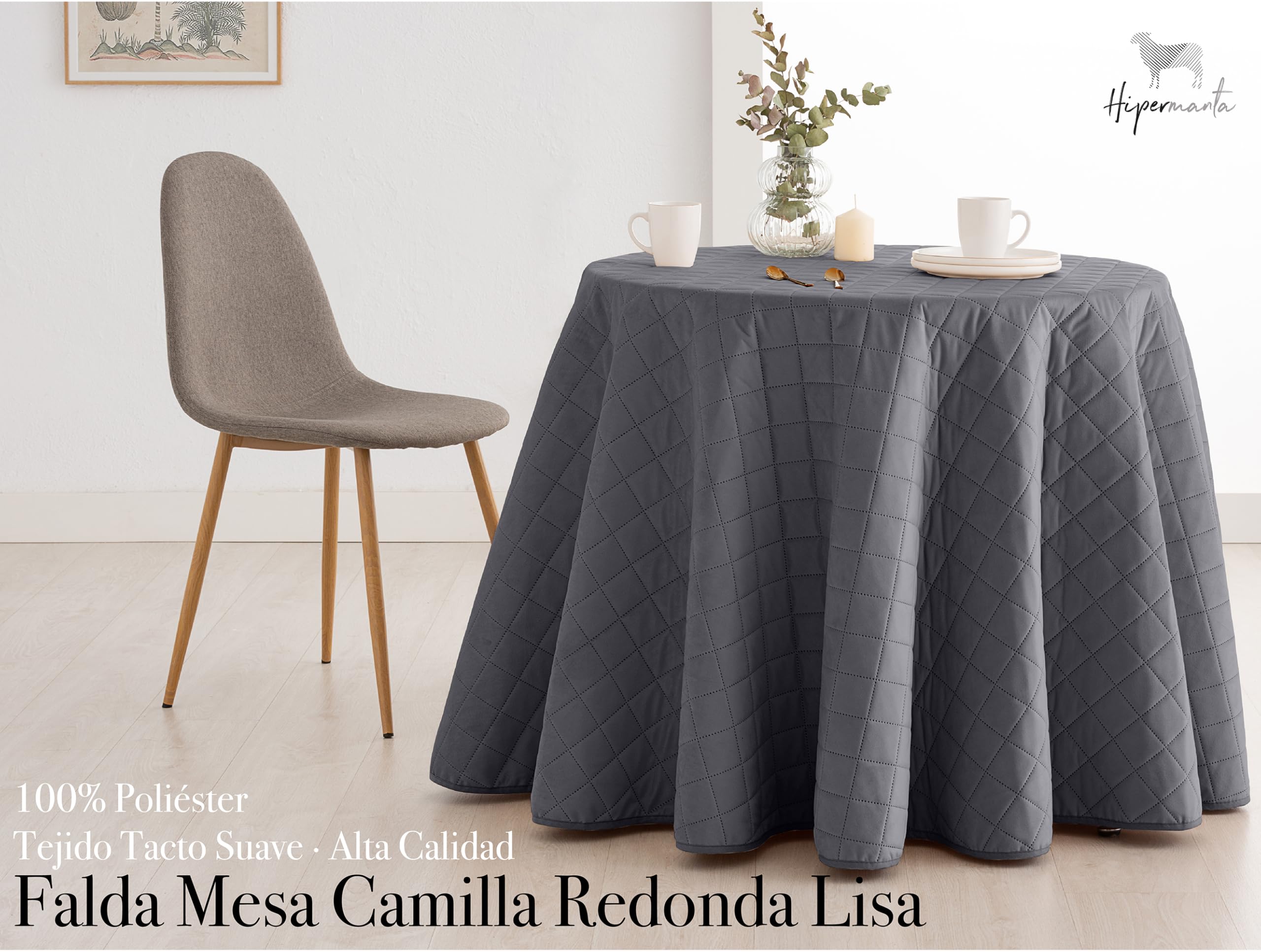 Falda para Mesa Camilla Acolchada. Falda Mesa Camilla Redonda. 90 cm. Ropa Mesa Camilla Lisa Suave. Mesas Camilla Invierno.Cuadros. Color Gris