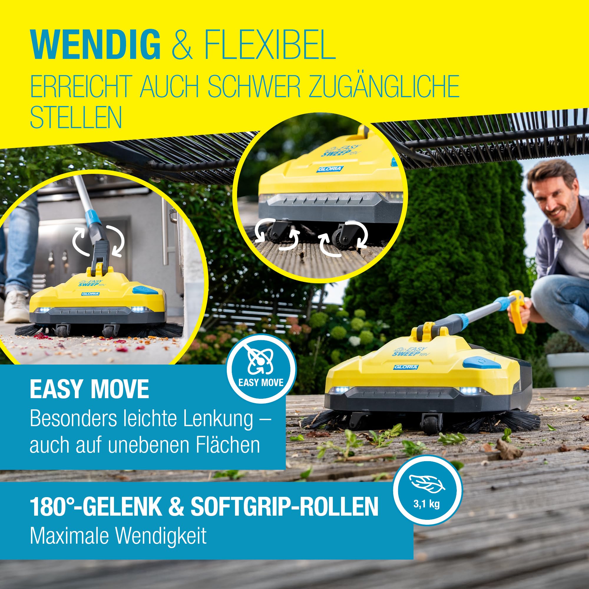 GLORIA Akku-Kehrmaschine EasySweep 18V inkl. Bosch 18V Akku | Elektrischer Akkubesen & Kehrbesen für Indoor & Outdoor | Einfahrt, Gehweg, Terrasse, Garage & Laub | 40 cm Arbeitsbreite & 4,5L Behälter