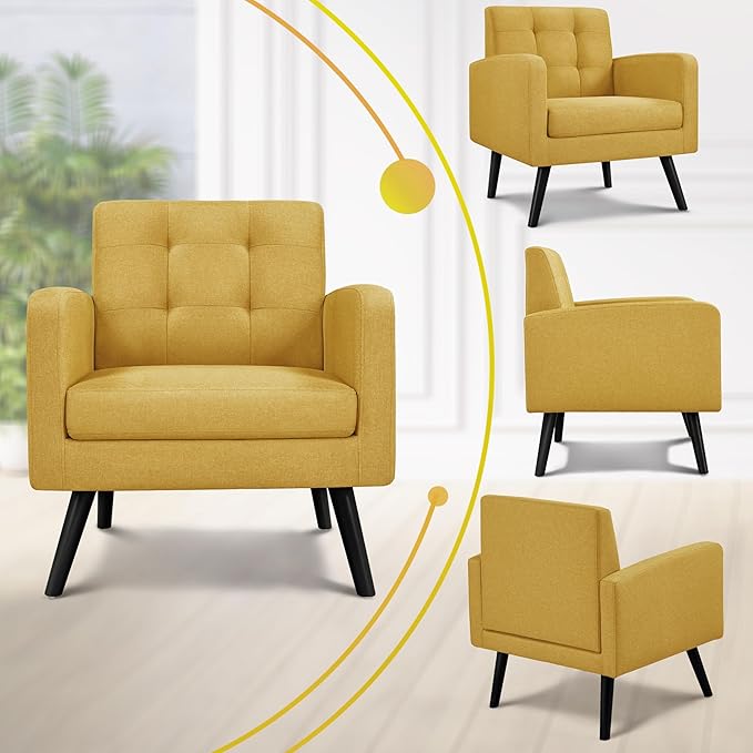 Sillón Tapizado Vintage con Brazos, Set de 2, Amarillo miniatura 4