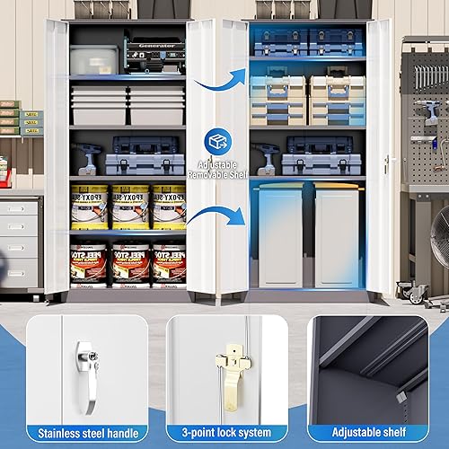 Miniatura 5 de Greenvelly Armario de almacenamiento de metal para garaje, gabinete de almacenamiento de acero de 72 pulgadas con 2 puertas y 4 estantes ajustables,