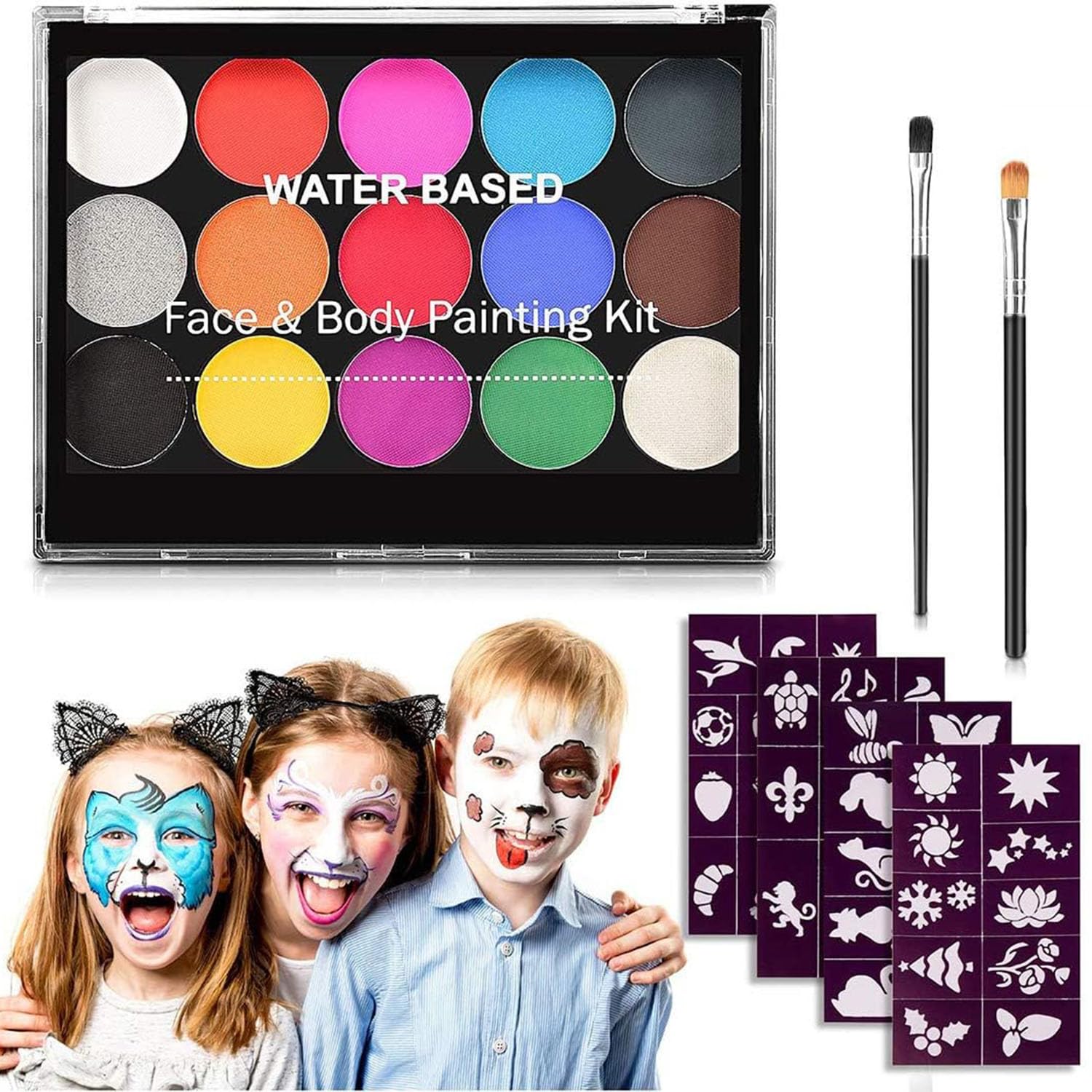 Joyzzz Face Painting Kit for Kids, 15 Colors Water Based Non Toxic Hypoallergenic Face Paint Kit, Face painting kit with Brushes and Face Painting Stencils for Kids and Adults Cosplay Parties Makeup