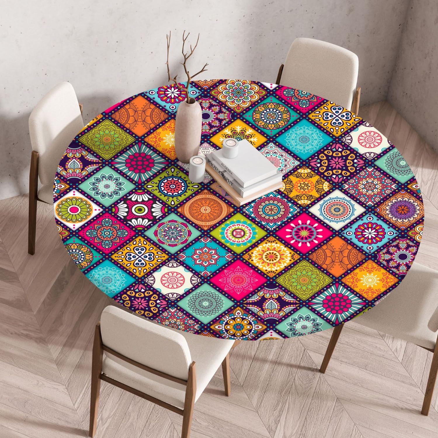 Boho Tablecloth Round, Outdoor Tablecloth Washable Round, Elastic Garden Tablecloth Weatherproof Tablecloth with Elastic Band for Balcony, Garden (Style 4.100 cm)