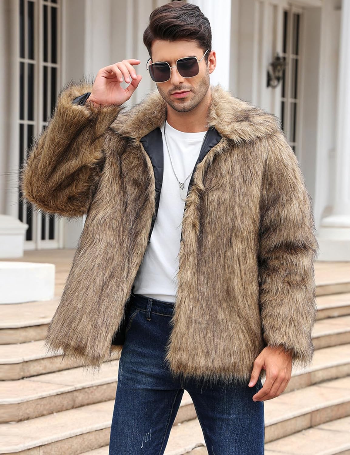 Kissonic Mens Faux Fur Coat Winter Warm Fur Jacket for Men Lapel Fluffy Furry Coats Outerwear - Image 2