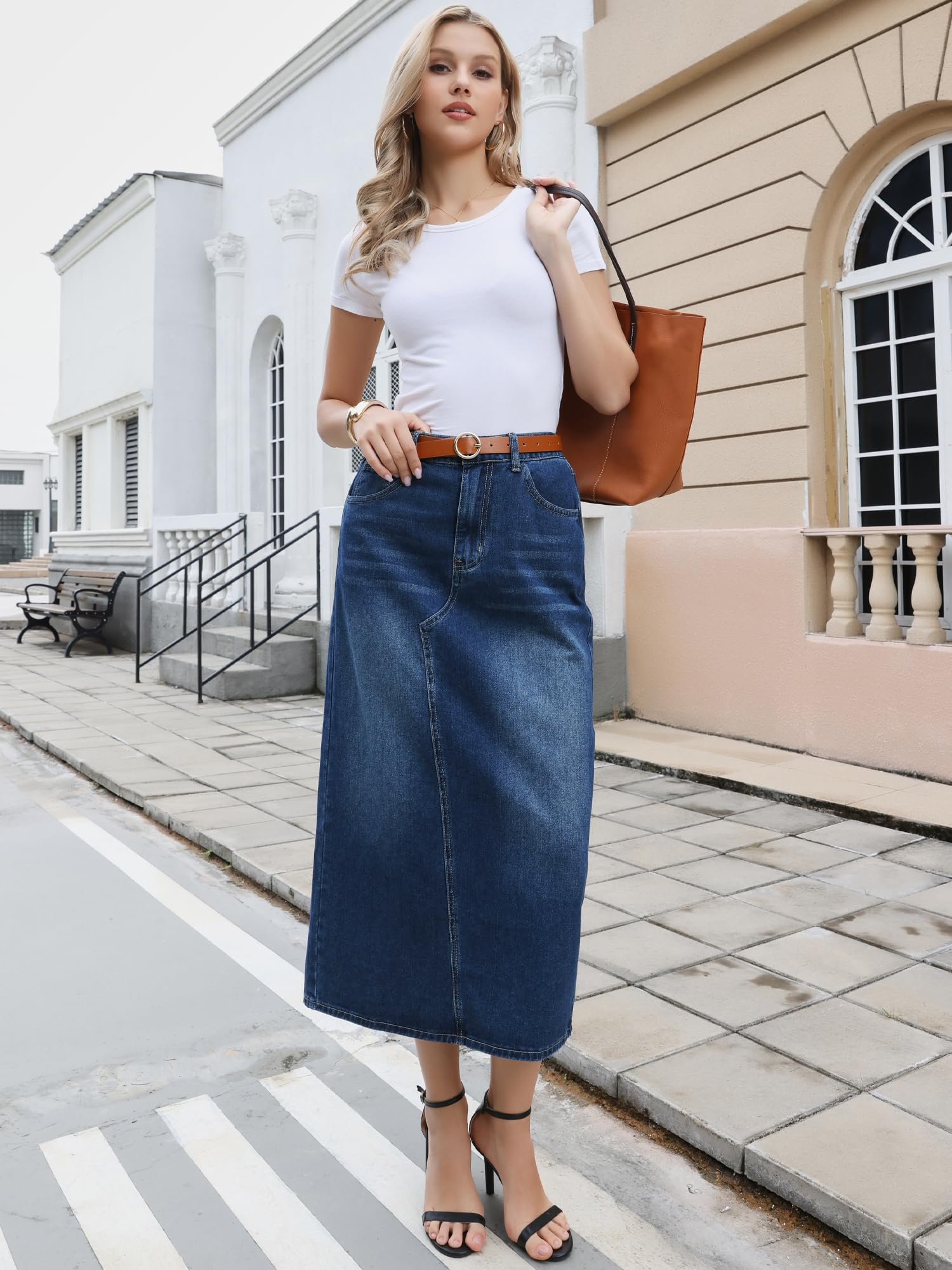 Allegra K Damen Figurbetont Jeansrock Lang