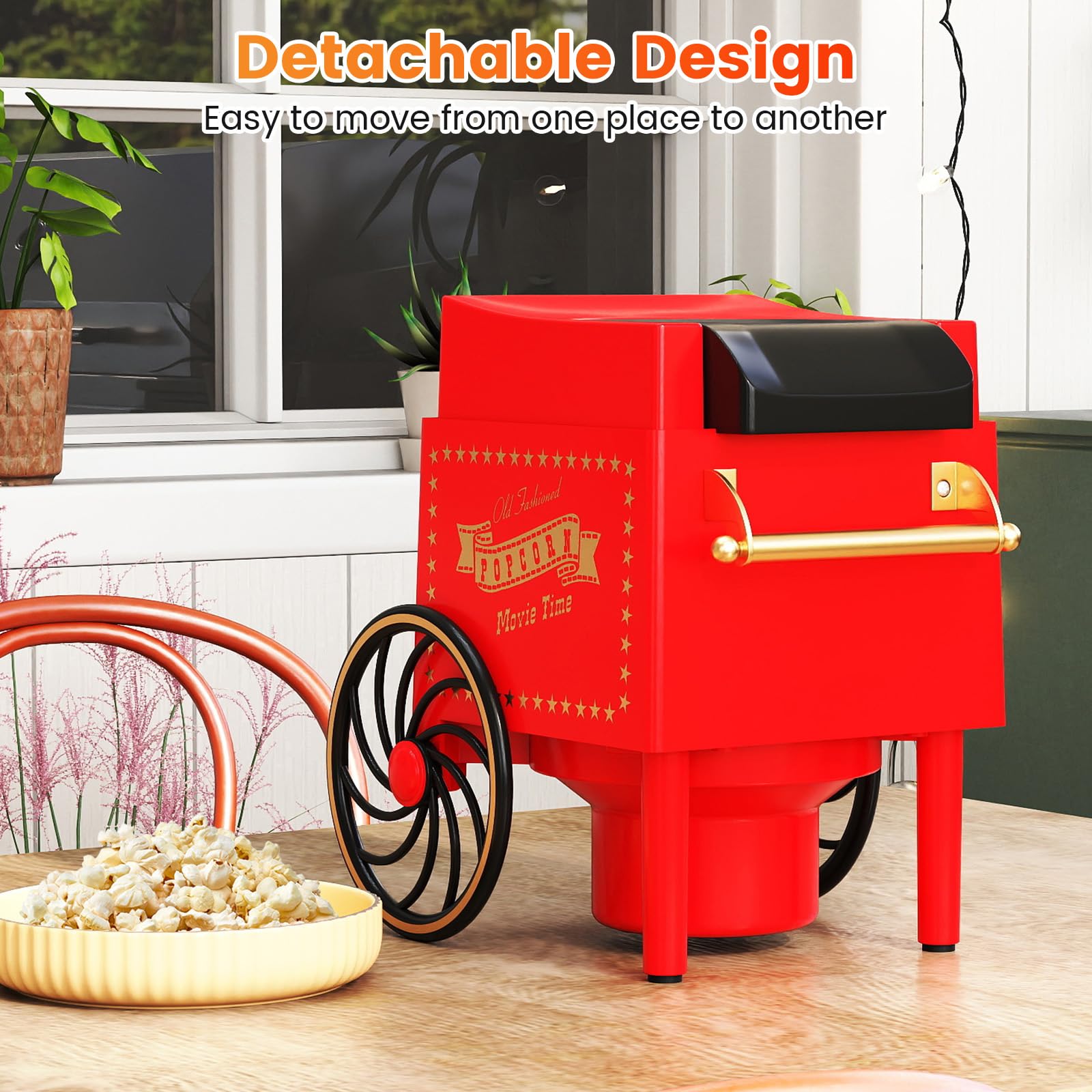 LIFEZEAL Macchina Popcorn con Carrello ad Aria Calda 1200W, Macchinetta Popcorn Elettrica con Misurino da 67 ml per Chicchi di Mais, Senza Olio, Pronta in 2 Minuti, per Case e Party (Stile Retrò)