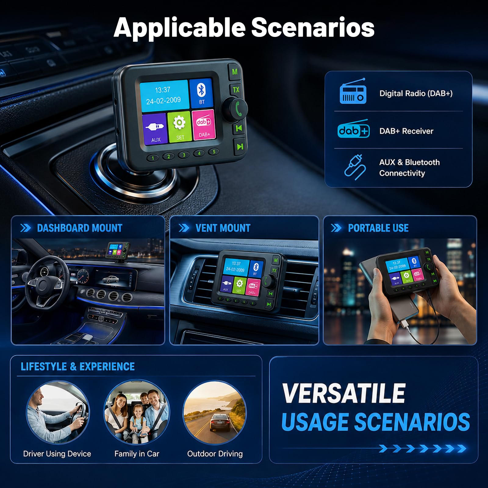 Adaptateur Radio Numérique Dab Dab+ avec 10 Touches de Fonctions Rapides pour autoradio - Écran LCD 2,8 Pouces avec Bluetooth Musique - Lecteur de Musique Dab Adaptateur récepteur Aux Entrée/Sortie