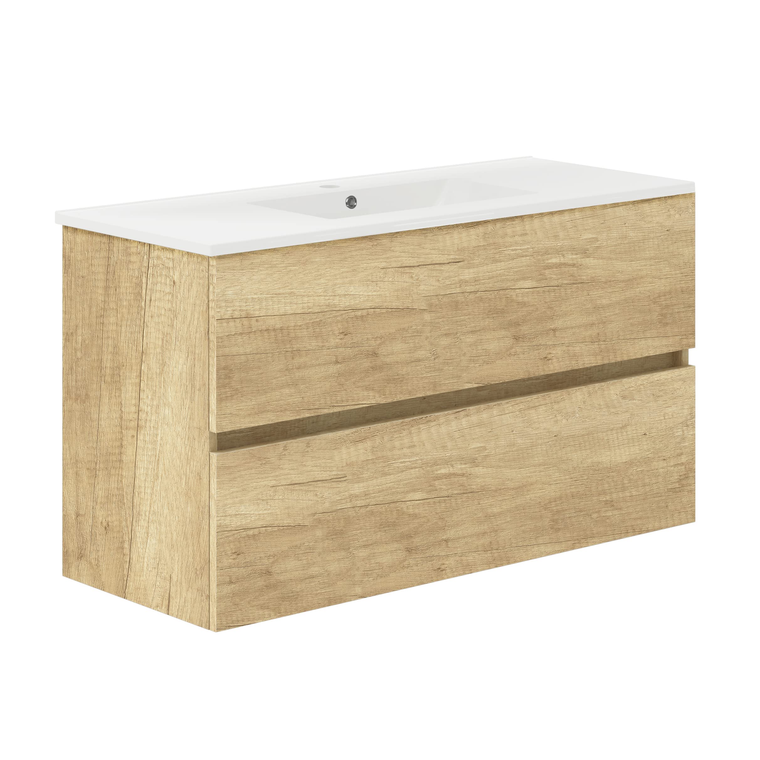 Baikal, Conjunto de baño Natura. Mueble de Baño de Fondo Reducido, con Lavabo cerámico. Distribución Dos Cajones. Mueble MONTADO. Dos Cajones sin Espejo. Fondo 39cm 100 cm Nature