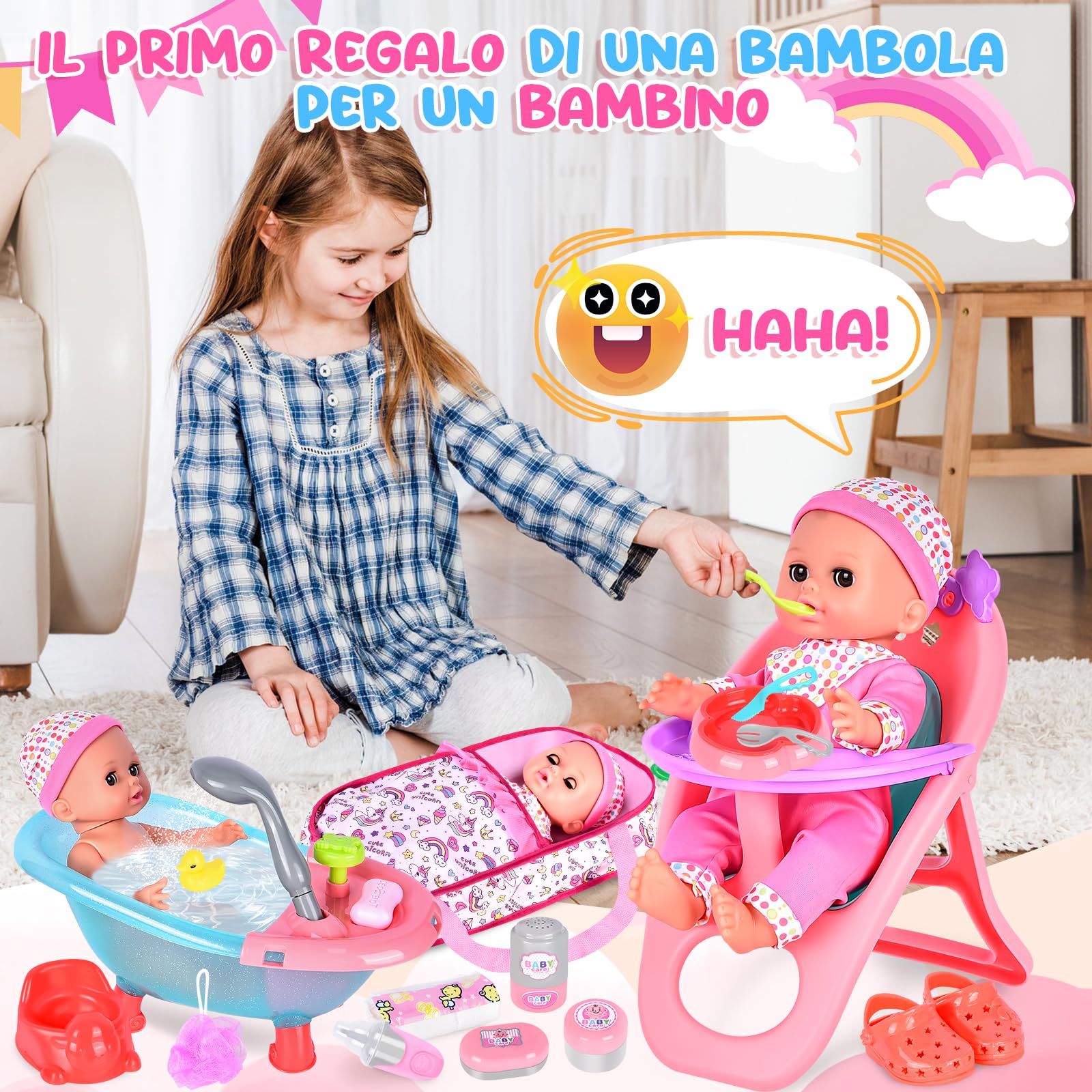 Aragallant Conjunto de Muñecas Bebé, 25Pcs Accesorios, Trona Juguete, Ropa, Chupete, Biberón, Bañera y Accesorios de Baño