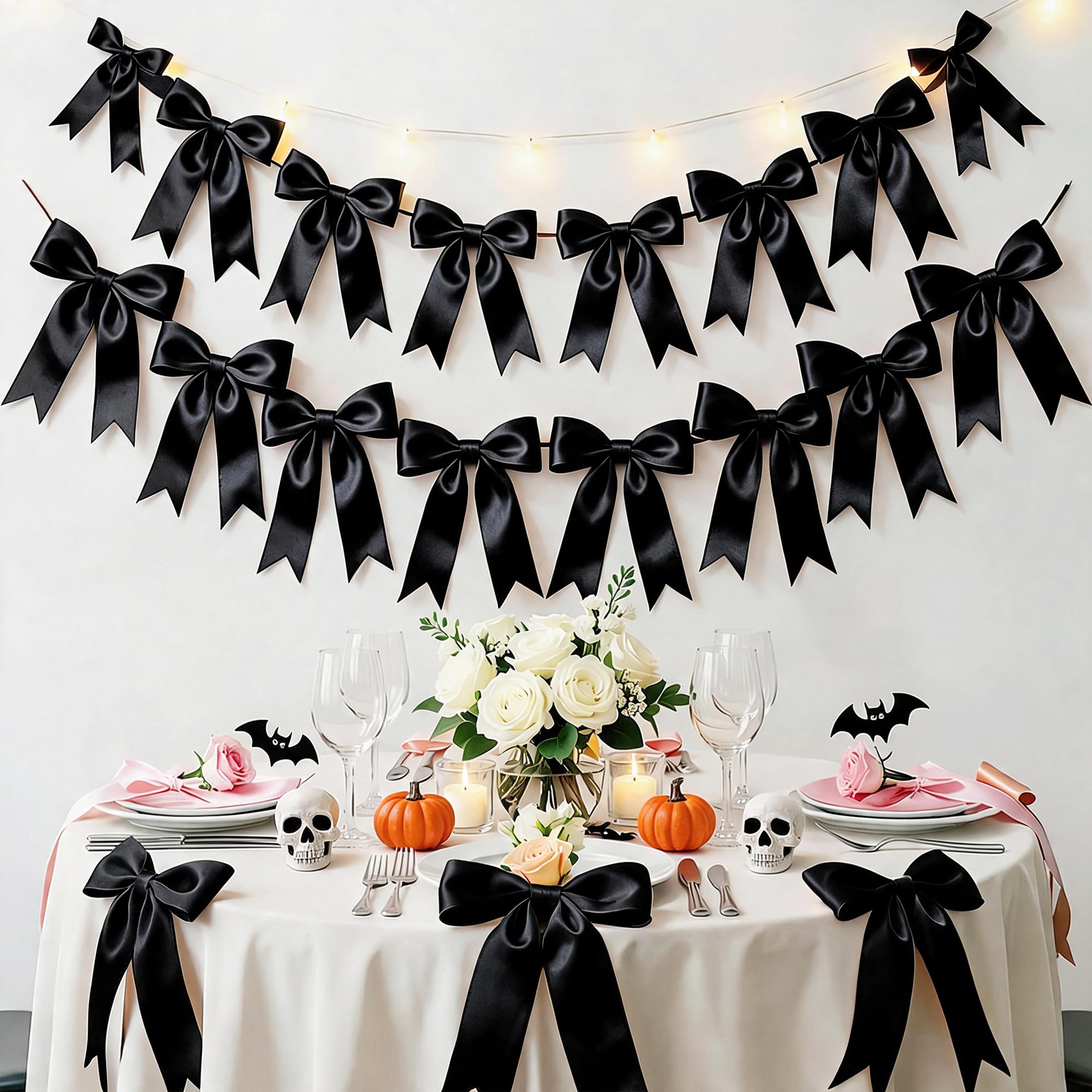 AERORIBOW 2 Strings Black Bow Garland Banner Decorations - bows and ribbons | Mubboo