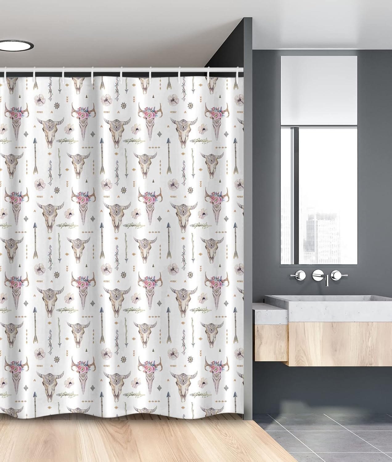 Ambesonne Arrows Stall Shower Curtain, Boho Pattern Artwork Feathers Cow Skulls Rustic Themed Shapes Print, Fabric Bathroom Decor Set with Hooks, 54" W x 78" L, White Ivory