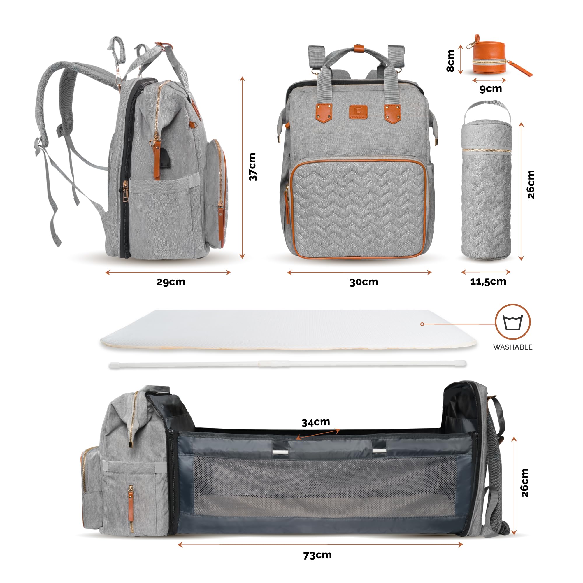 QUINO&CO Borsa Zaino Mamma Neonato Fasciatoio Multifunzione per Passeggino | Custodia per Biberon Grande, Impermeabile e Isolata, USB | Zaino Cambio per Pannolini Unisex