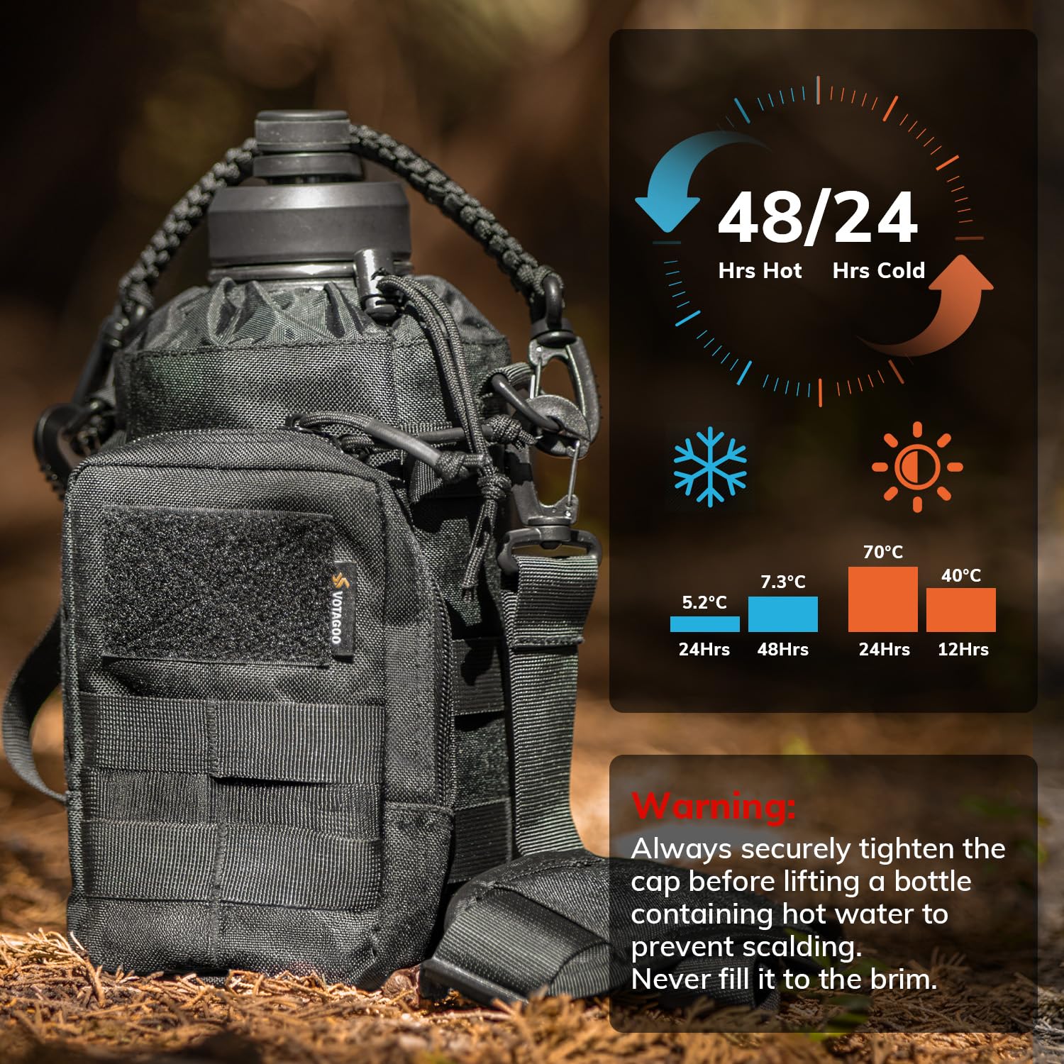 VOTAGOO Taktische Wasserflasche, 1,8 l – Isolierte Wasserflasche aus Edelstahl, Militärflasche aus Metall mit robuster, abnehmbarer Hülle, taktische Tragetasche für Wandern, Camping, Jagd