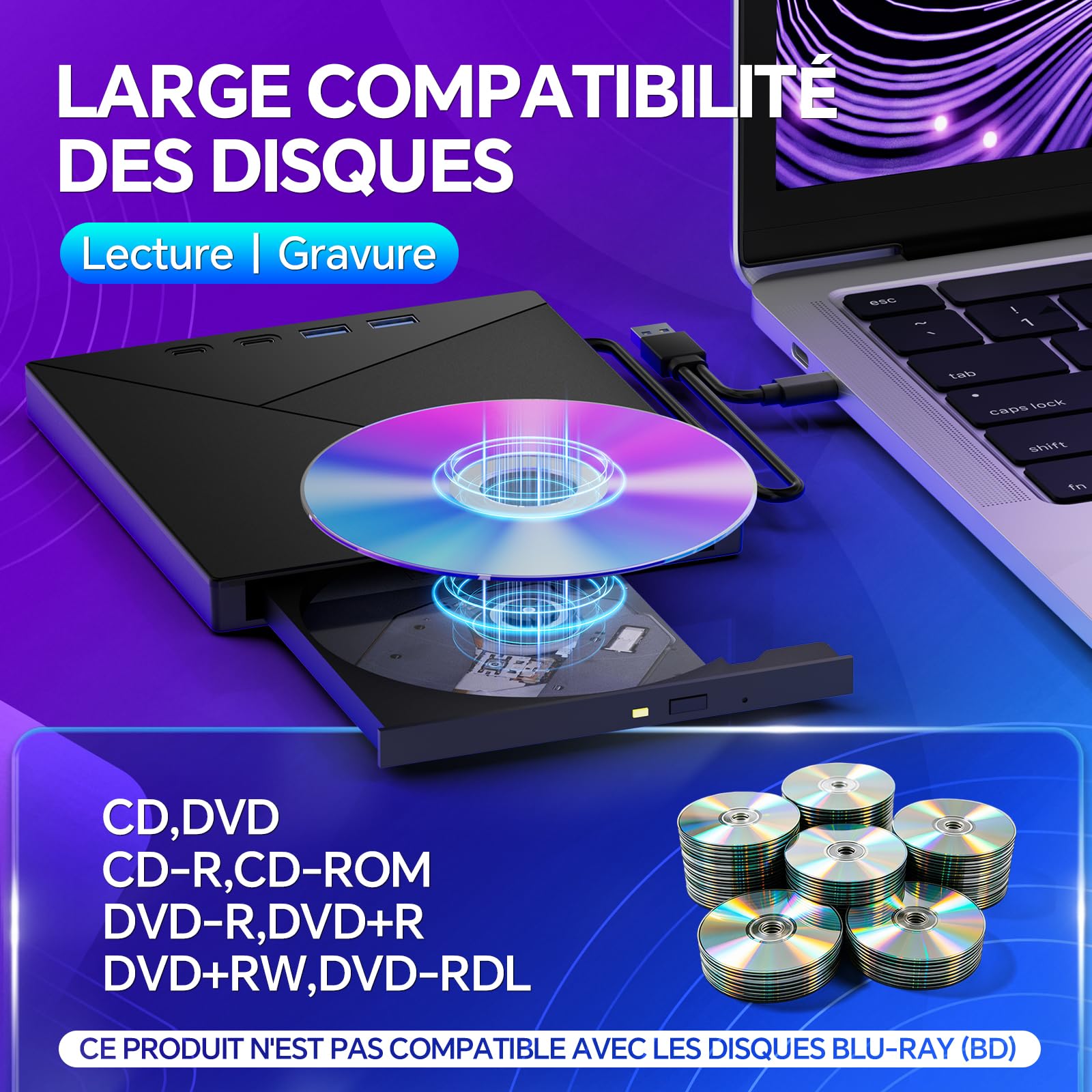 Lecteur CD/DVD Externe pour PC, USB 3.0 Mince Portable Graveur Enregistreur et Type-C CD DVD +/-RW, avec Lecteur de Cartes SD TF, Compatible avec Windows 11/10/8/7,Linux, Mac et PC | Interface USB 3.0 et Type-C et lecteur de carte SD/TF et Hub USB Compati