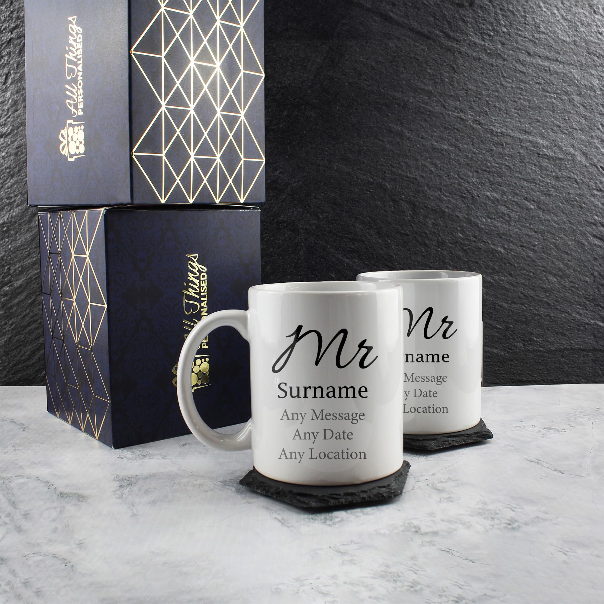 Juego de tazas personalizables con texto en inglés "Mr and Sr", para boda gay con cualquier mensaje y apellido, regalo de aniversario, diseño de fuente elegante, caja de regalo, tazas de 312 ml