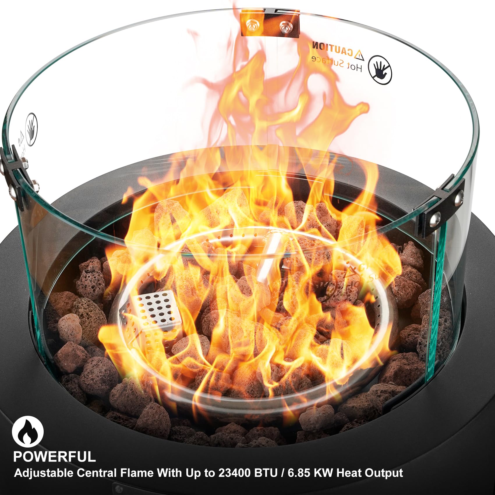 Onlyfire Fogata de gas redonda, calentador desmontable para patio al aire libre con rocas de lava, protector de viento de vidrio y ruedas, para patio, patio trasero, restaurante al aire libre, 6,85 kW